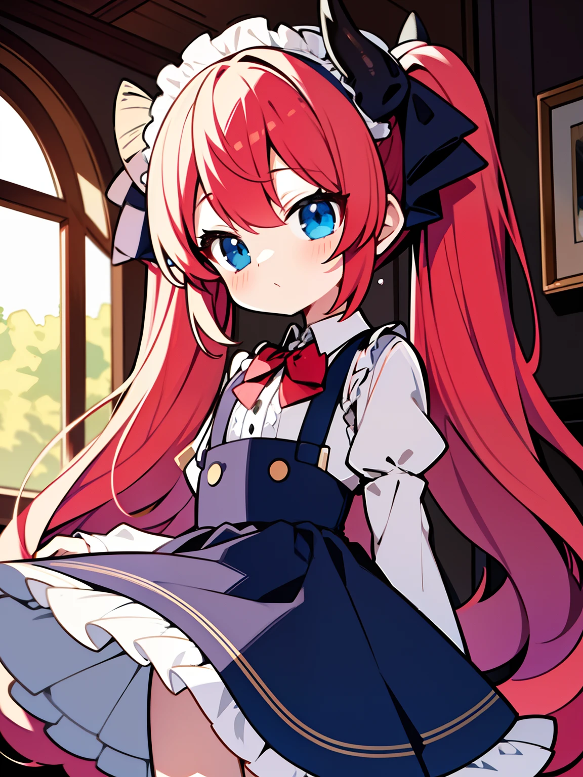 {{best quality}}, {{masterpiece}}, {{ultra-detailed}}, {illustration}, {detailed light}, red hair,blue eyes,twintails,lolita,Suspenders skirt,Fantastic,loli,solo,Dragon horns,little girl,long hair
