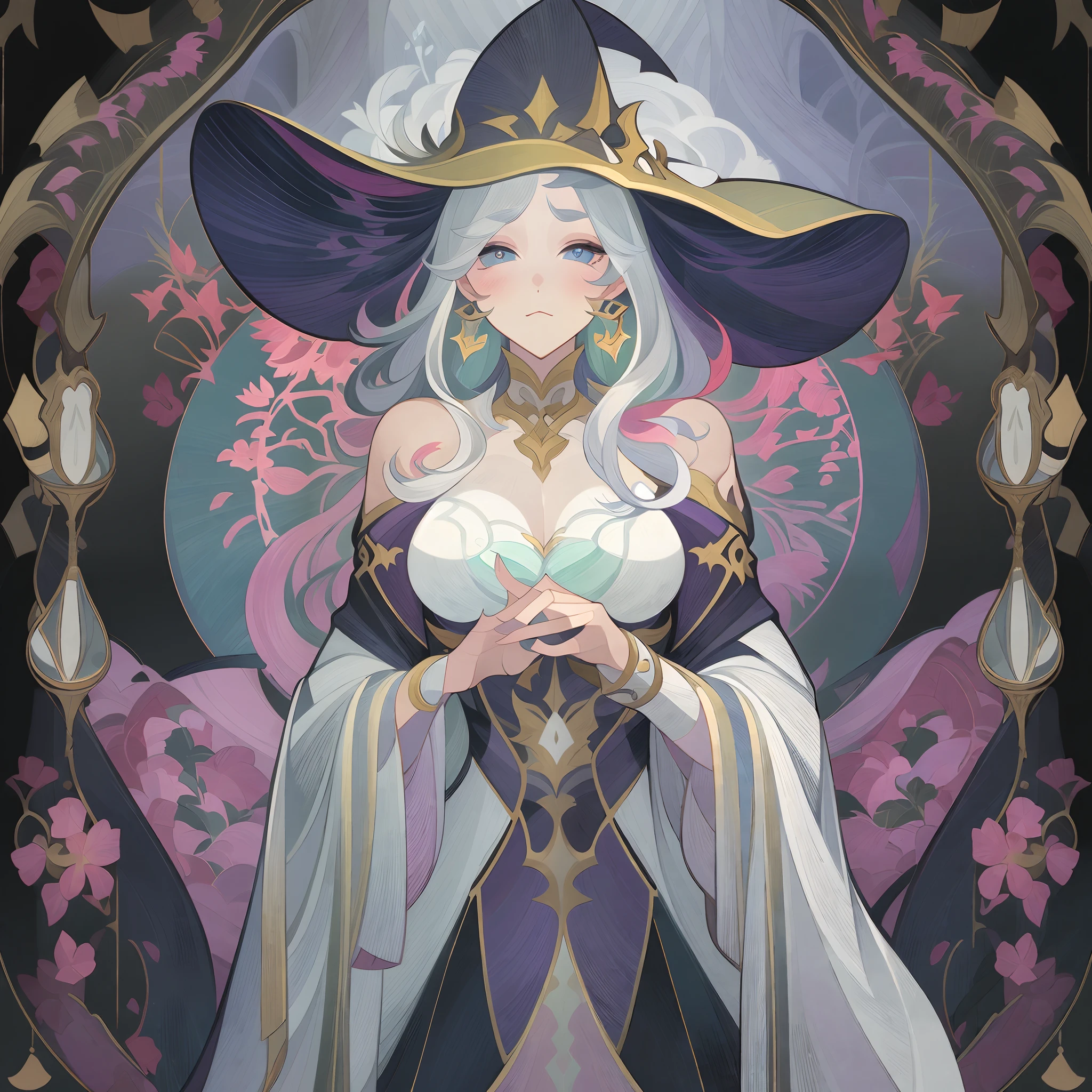 1个Giant Breast Girl, the witcher, Gorgeous long dress, Wizard's Hat, The upper part of the body, (((独奏))), Clear facial features, Simple line design, ((tarot card background, symmetric beauty)), perfectly symmetrical, The art of symmetry, Standing drawings of characters, ((flatcolors)), (tmasterpiece，top Quority，best qualtiy，超高分辨率，Clear facial features，beautidful eyes，beauitful face)