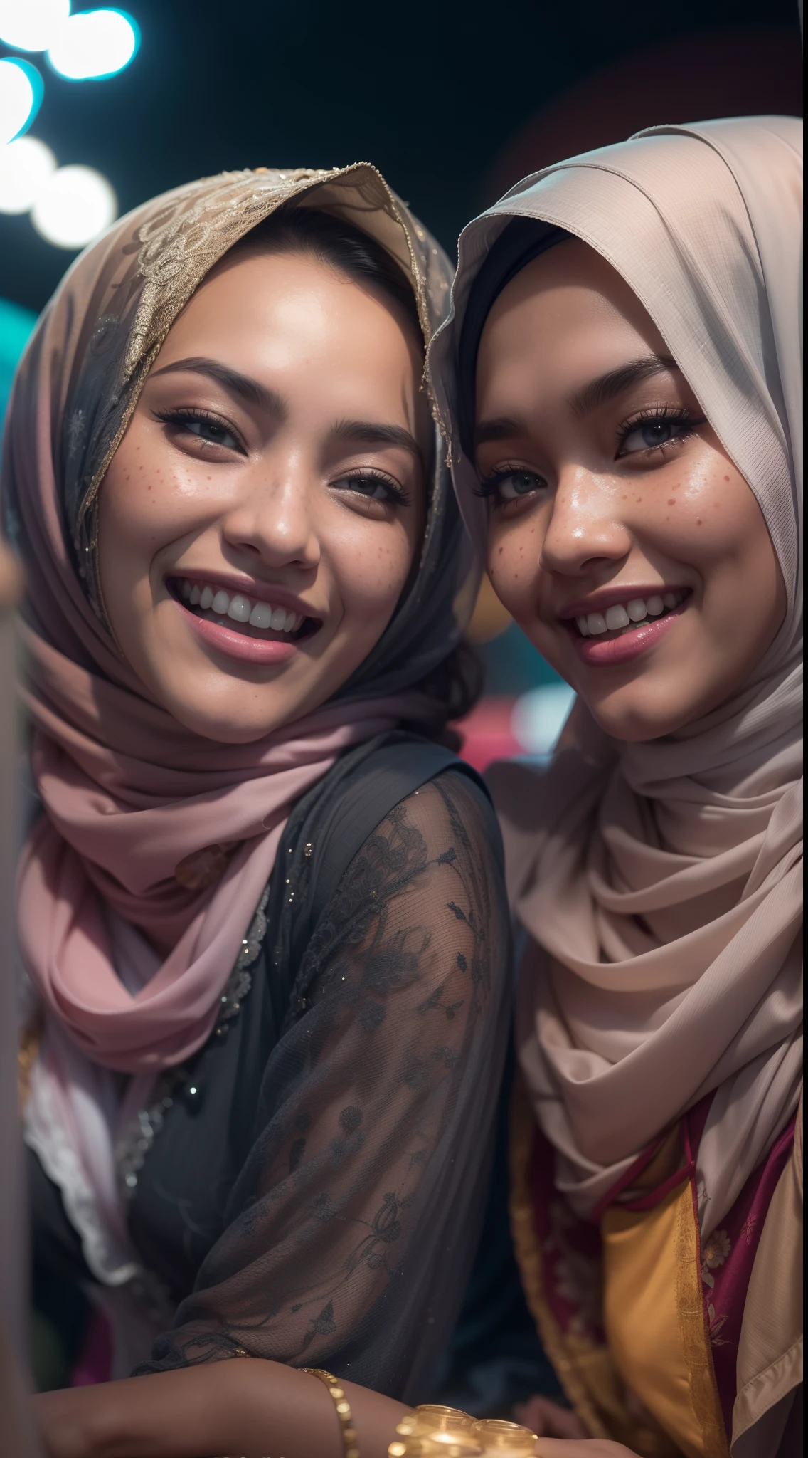 Neelofa and mira filzah in hijab, portrait, laughing, wearing bikini, freckles, location: night market, crowded night market, (8k, RAW photo, far shot, sexy pose, best quality, masterpiece:1.2),ultra-detailed, (high detailed skin:1.2), 8k uhd, dslr, soft lighting, high quality,