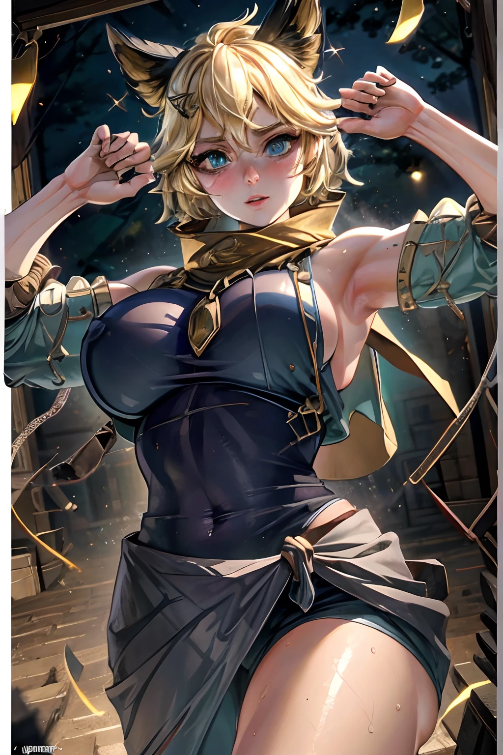 (best quality, highres:1.2), 1girl, beautiful detailed eyes, beautiful detailed lips, extremely detailed eyes and face, long eyelashes, medium:oil painting, vivid colors, HDR, studio lighting, ultra-fine painting, sharp focus, physically-based rendering, extreme detail description, portraits, curvy body, big breasts, perfect shape, showing armpit, facing viewer, sweaty, gorgeous, arms up, half body picture, appearing in full frame, sleeveless turtleneck