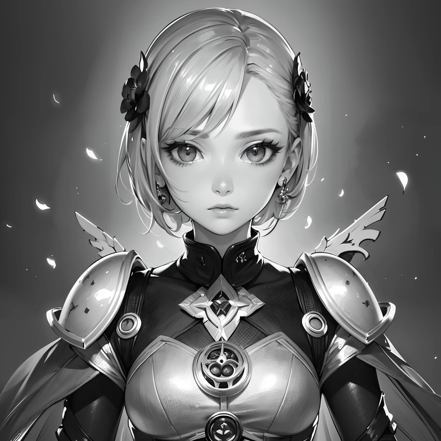 masterpiece、top-quality、hight resolution、High-quality images、8K.1womanl、skin gloss、Texture of skin and clothing、Monochrome grayscale background、the detail、Detailed eye expression、Lustrous hair、full body Esbian、Platinum Bront Shorthair、pencil painting、oneiromancy、gear wheel