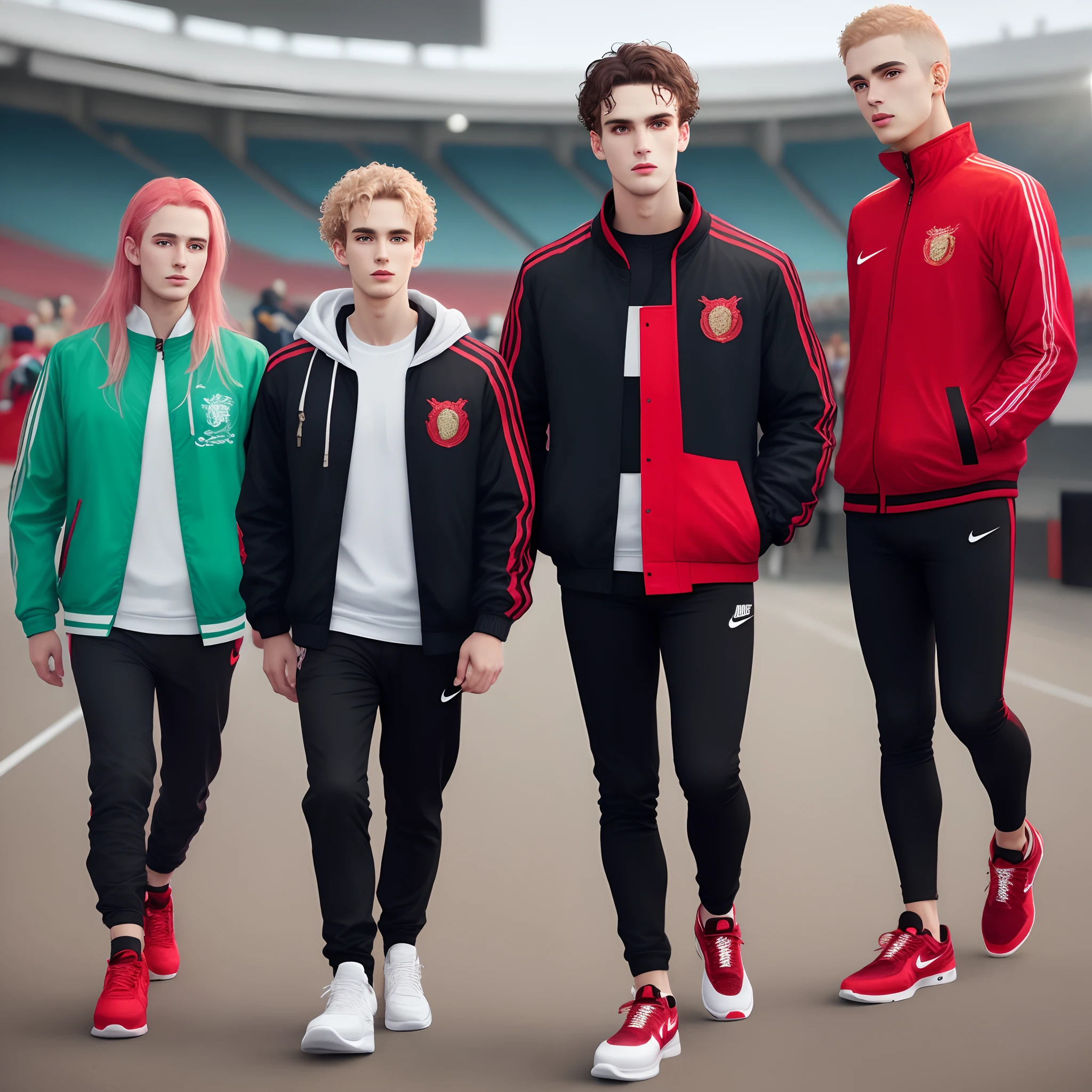 Create a supporter wearing a jacket in red color with royal dragons of coat of arms on the chest. Black pants and wearing nike sneakers. Swim deep at the Morumbi stadium