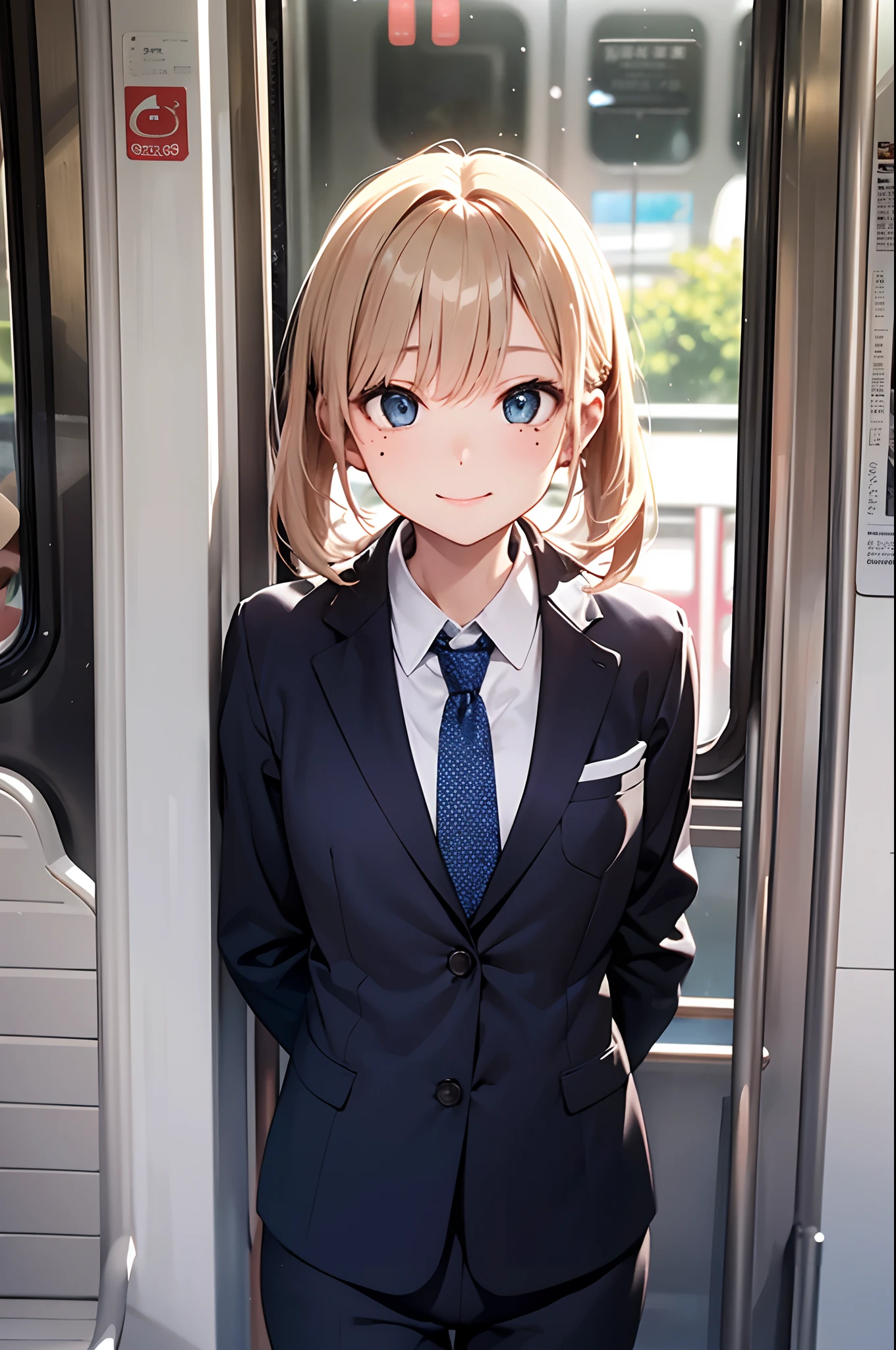 （Girl with a nasty appearance:1.1）、(Daytime:1.5)、(and chest:1.4)、Raw photography, top-quality, hight resolution, (​masterpiece), (Photorealsitic:1.4), (Mole under the eyes),Anime Cosplay, foco nítido, nffsw, 8K分辨率, intricate detailes, depth of fields, the Extremely Detailed CG Unity 8K Wallpapers, front lit, femele,25-years old、 Happy face,Smiling、(tying  hair:1.5)、(Medium Showtrain Bo Hair)、(Wearing a suit:1.3)、blue eyess,(Train:1.5)、(City during the day from the window:1.3)、(Full body depiction)、(Looking out the window:1.2)、shining world、Right hand grabs the strap、On the train、Day trains
