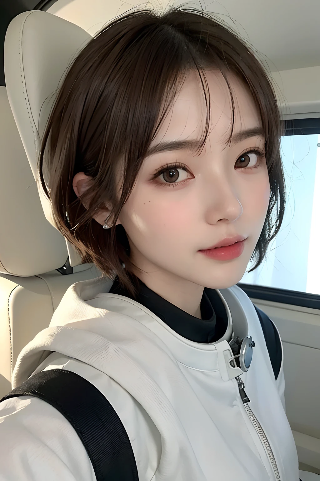 best quality、masterpiece、ultra high resolution、(true:1.4)、beautiful woman1、Beautiful details of the eyes and skin、light brown short hair、Smile、Perfect spacesuit、outer space、spaceship interior、macro world、Star々、