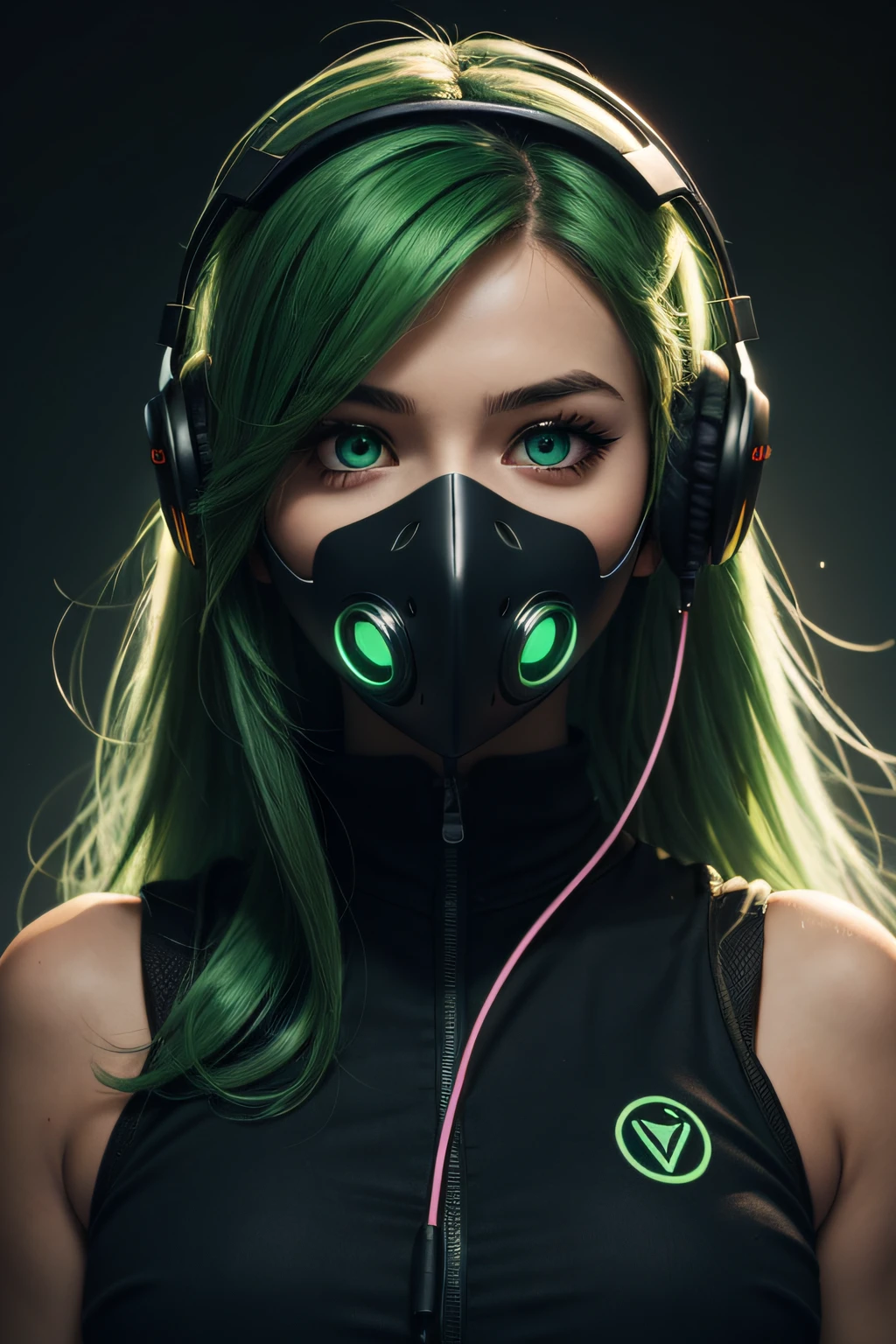 girl with long green hair, green eyes, futuristic vibes, mask on mouth, headphones, 8k, high quality, simple background, glowing eyes, nice pose