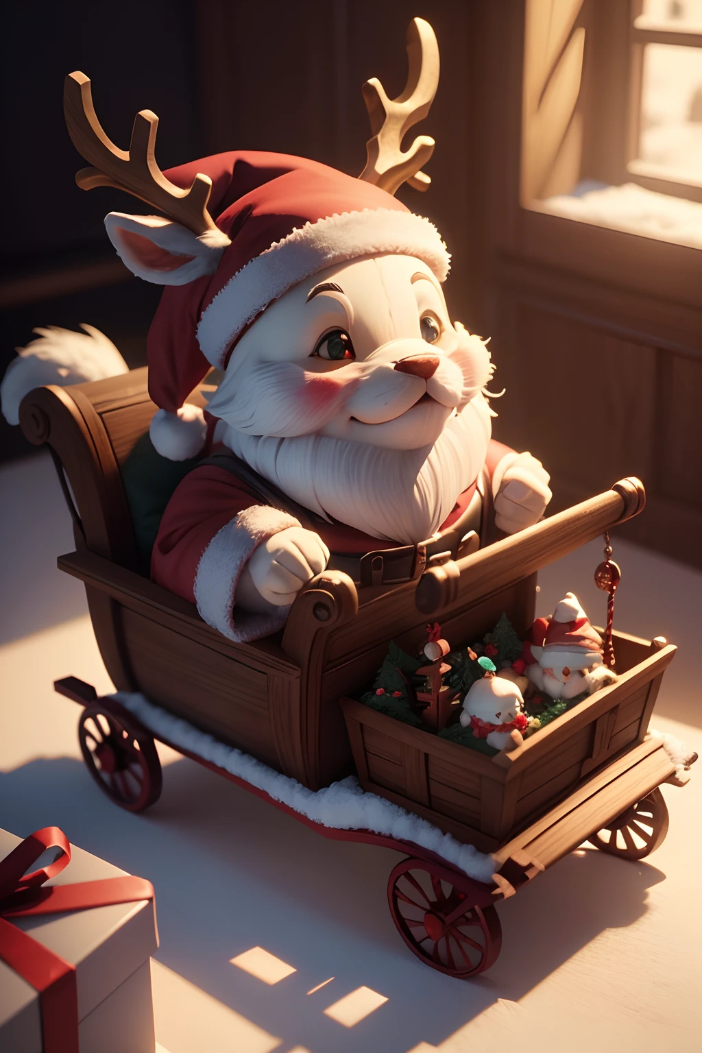 (3D miniature), Santa's sleigh, christmas theme, santa reindeer, a lot gift arounded, (best shadow), (extremely detailed CG unity 8k wallpaper), a cute, (best quality), (best illustration), octane rander, ray tracing, ultra detailed