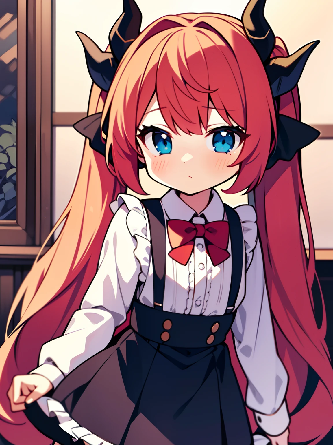 {{best quality}}, {{masterpiece}}, {{ultra-detailed}}, {illustration}, {detailed light}, red hair,blue eyes,twintails,lolita,Suspenders skirt,Fantastic,loli,solo,Dragon horns, girl,long hair