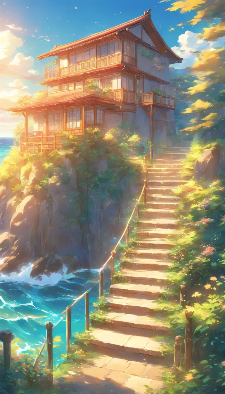 A painting of a staircase leading to a house with a sea view, beautiful anime scenery, Anime background art, Detailed scenery —width 672, beautiful anime scenes, Anime landscapes, anime beautiful peace scene, Summer street near the beach, anime backgrounds, Makoto Shinkai's style, Makoto Shinkai. High detail, Anime landscape concept art, landscape artwork