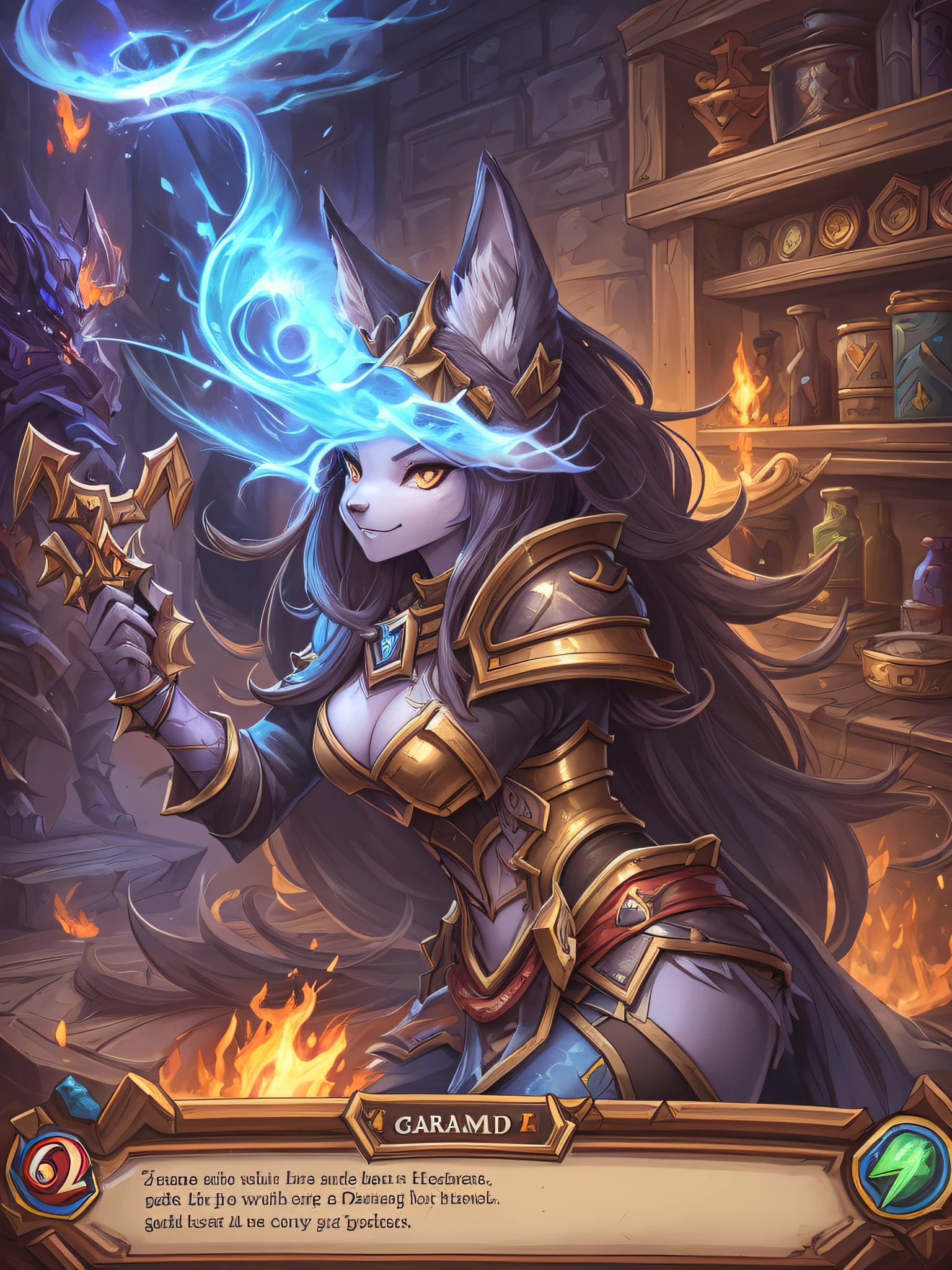 hearthstone card, front game card, from hearthstone, hearthstone card art, Card game, warrior, League of Legends character, League of Legends concept art, splash art, League of Legends splash art, official splash art, League of Legends art, League of Legends character art, League of Legends , League of Legends Splashart, skill power, concept art, best quality, detailed, best quality, high quality, High details, A close-up of a menu with a fantasy adventure theme background, Dungeons & Dragons RPG concept fantasy art and various icons, game interface, game interface, Game HUD, Game UI asset design, UI board, item art, Game icon asset, stylized game icon, Game style Hearthstone color, HUD health bar, PC screenshot, game screen, detailed screenshot, no volcano, game overlay, ...png, NO PREVIEW, A game-based battle card,To have various attributes such as:wind, fire, lightning, Dark Earth, gold, Wood, water, ice。Other systems make their own edits。 a close up of a card with a demonic character on it, mystical anubis valkyrie, a minotaur wolf, sfw version, legendary god holding spear, shadowverse style, wolf o'donnell, dark fox mage, purple ancient antler deity, card art, husky in shiny armor, beautiful biomechanical djinn --auto --s2