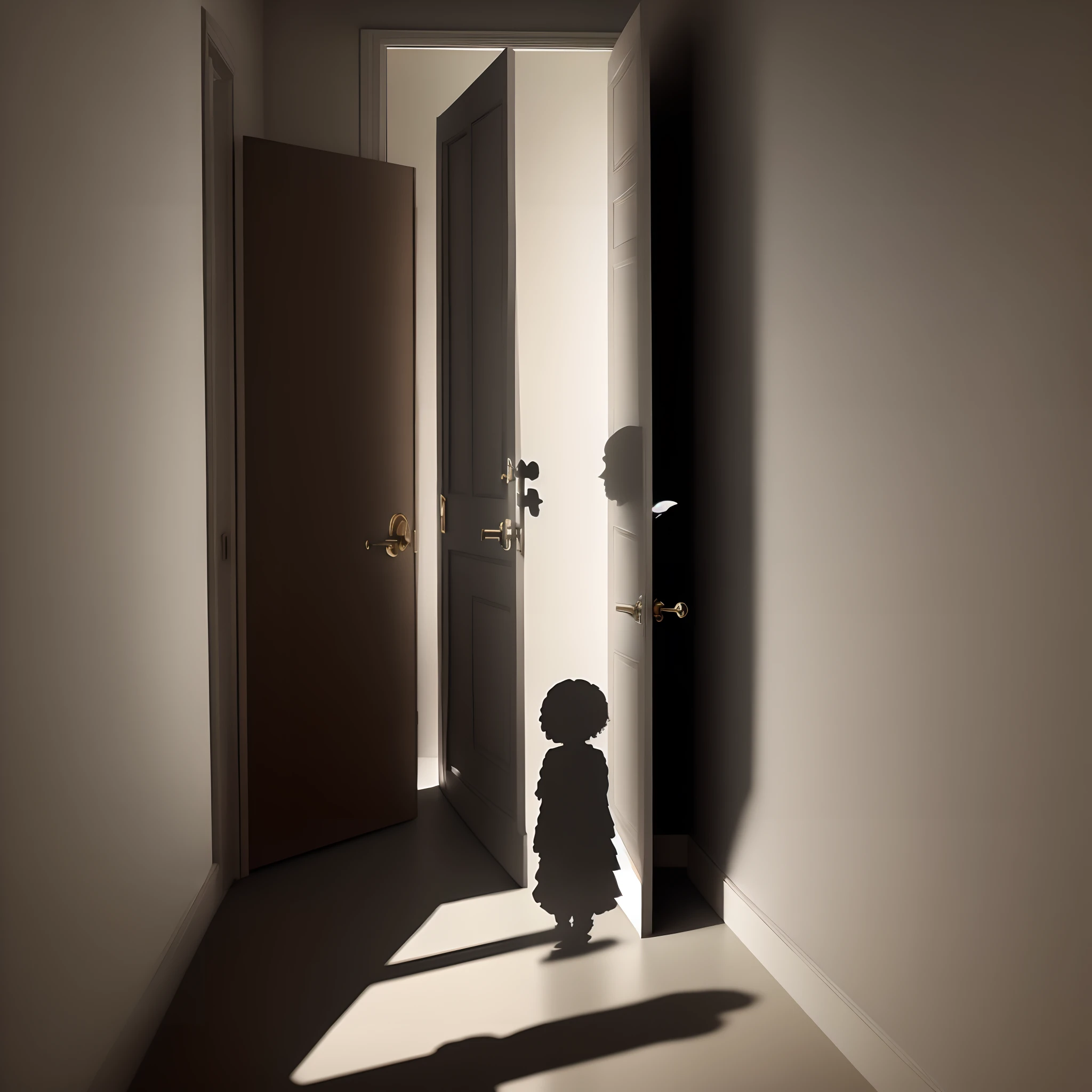 A shadow of a angel standing at a door way do a dark room