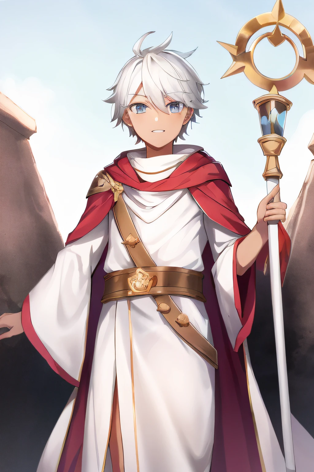 anime character dressed in white and red holding a golden staff, white haired deity, official art, official character art, hero 2 d fanart artsation, official character illustration, dressed like a cleric, detailed fanart, official fanart, tall anime guy with blue eyes, picture of a male cleric, inspired in kris from deltarrune, keqing from genshin impact