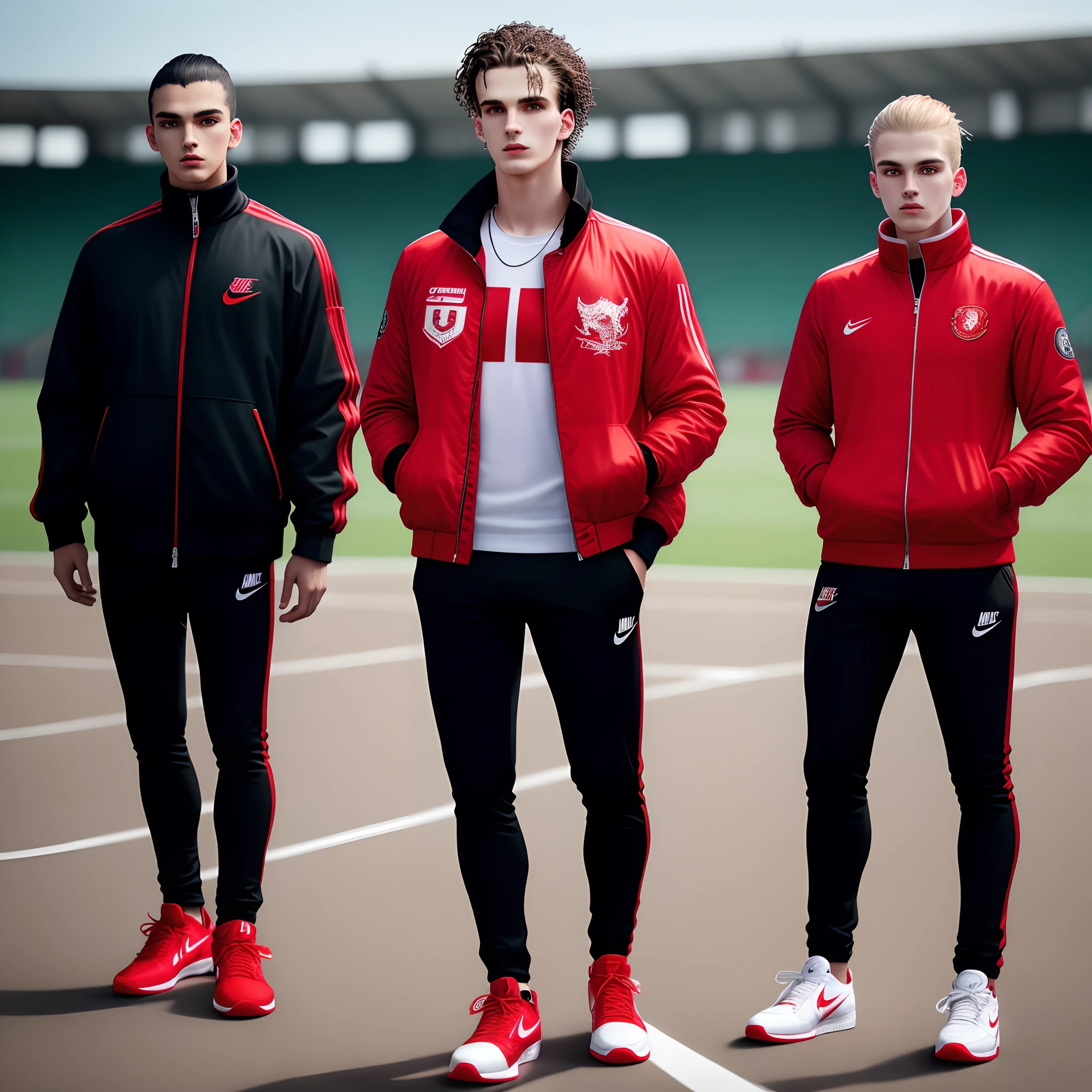 Create a player wearing a red jacket with real dragons from the coat of arms on the chest. Black pants and nike sneakers. Swim deep at Morumbi Stadium