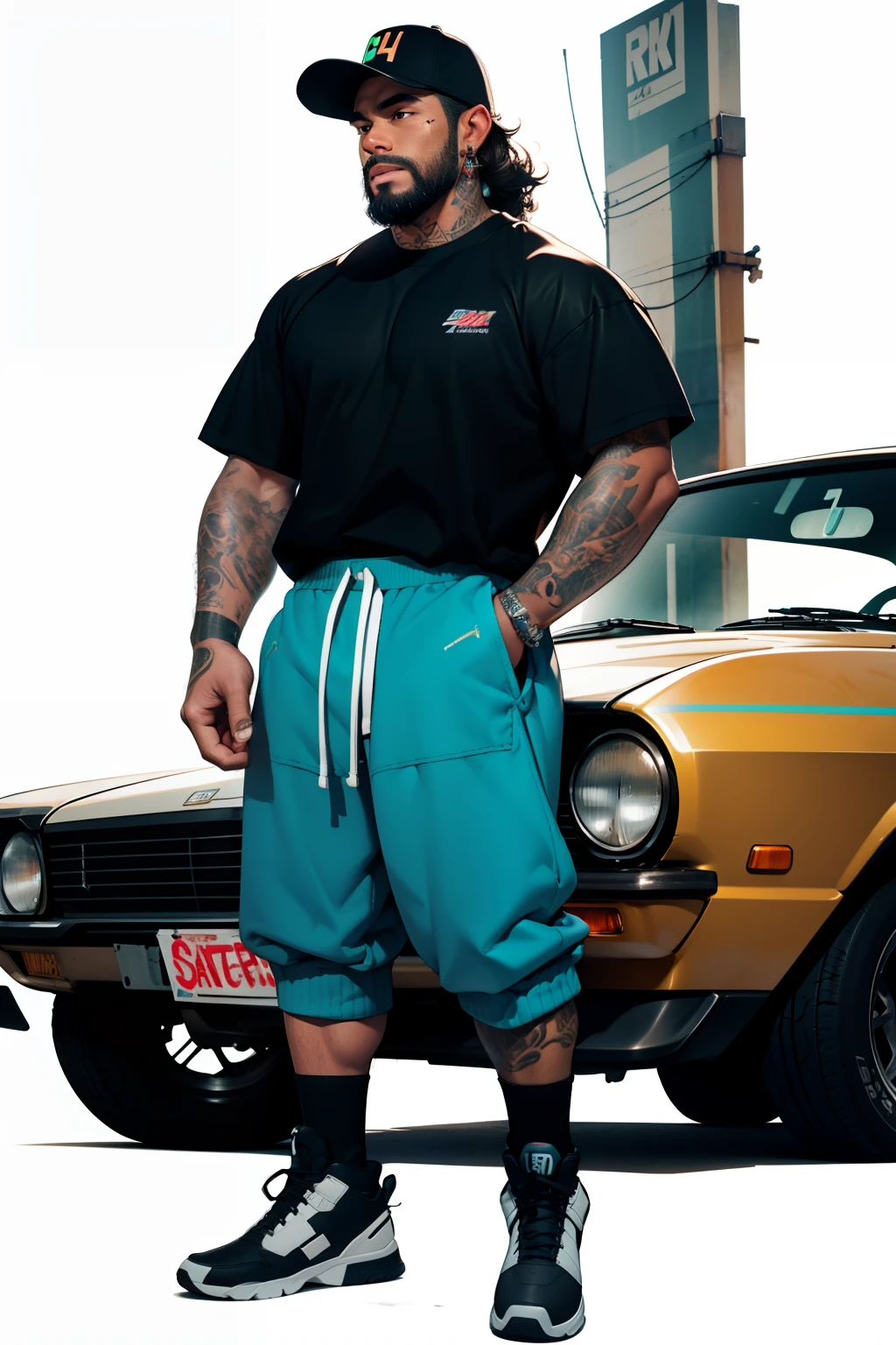 character sheet, filipino male, brown curly hair, standing, beard, slim build, baseball cap, socks, neon socks, car mechanic, carpenter, mullet, full body tattoos, boots, blackout tattoos, earrings,