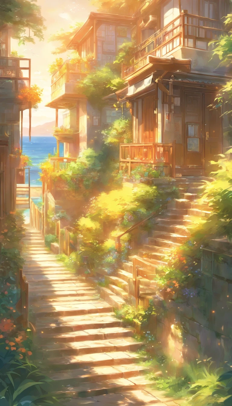 A painting of a staircase leading to a house with a sea view, beautiful anime scenery, Anime background art, Detailed scenery —width 672, beautiful anime scenes, Anime landscapes, anime beautiful peace scene, Summer street near the beach, anime backgrounds, Makoto Shinkai's style, Makoto Shinkai. High detail, Anime landscape concept art, landscape artwork