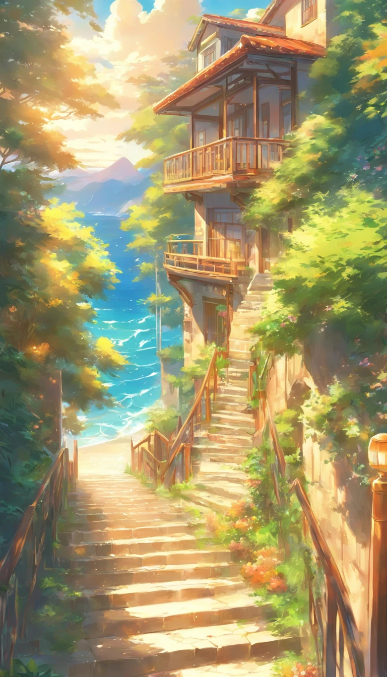 A painting of a staircase leading to a house with a sea view, beautiful anime scenery, Anime background art, Detailed scenery —width 672, beautiful anime scenes, Anime landscapes, anime beautiful peace scene, Summer street near the beach, anime backgrounds, Makoto Shinkai's style, Makoto Shinkai. High detail, Anime landscape concept art, landscape artwork