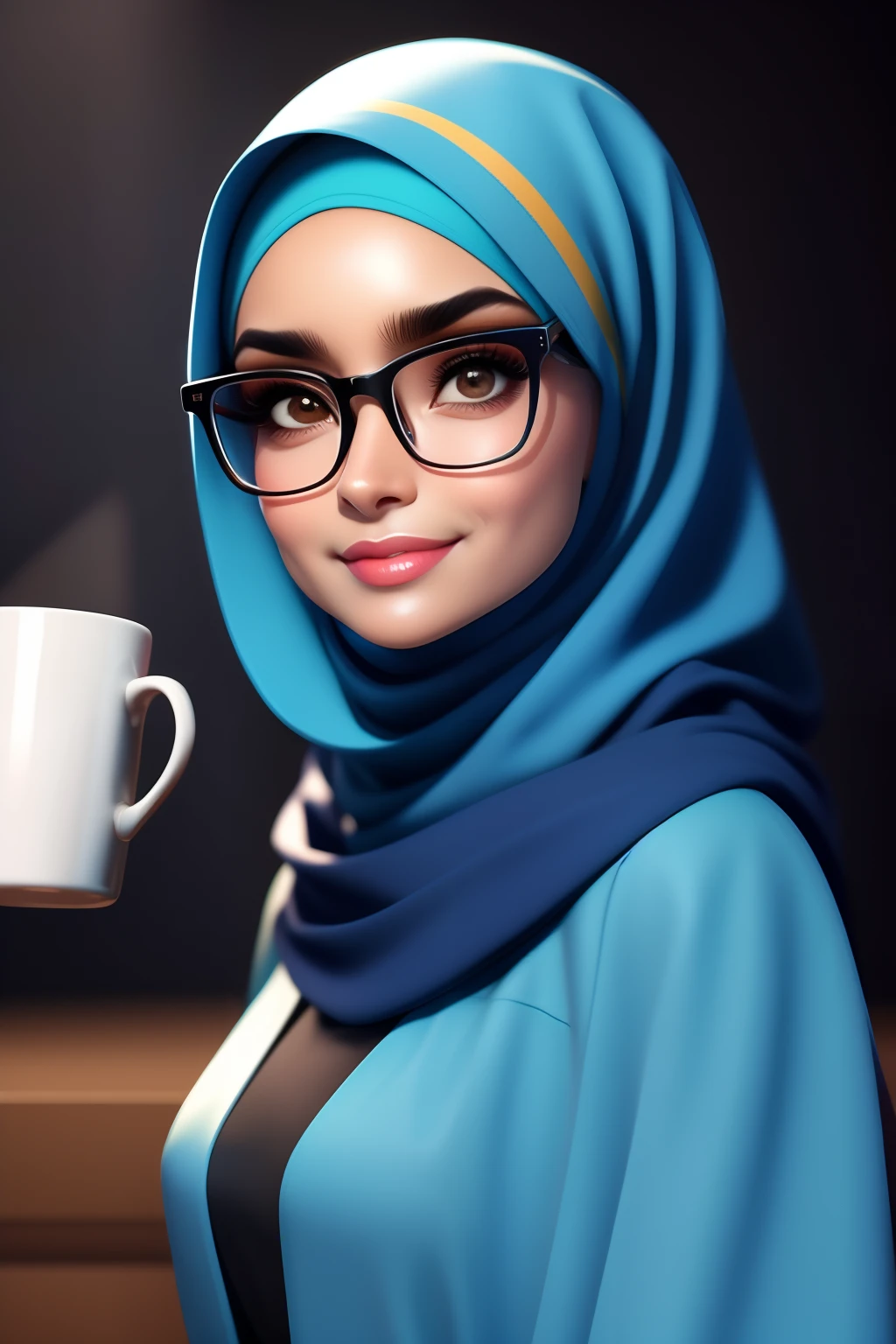 obra-prima, melhor qualidade, trabalho de rending 3d, wearing hijab, estilo 3DMM, close-up, retrato, 3D, mulher 43 anos, pele morela, olhos castanhos, black eyeglasses, medium wavy black hair, soft braces smile, 80 kg sobrepeso, veste blusa azul claro, manga comprida com volume, holding a mug of coffee, ao lado de uma mesa de estudos, na mesa uma agenda aberta, canetas, pencils. Cores Candy color, 45 year old.