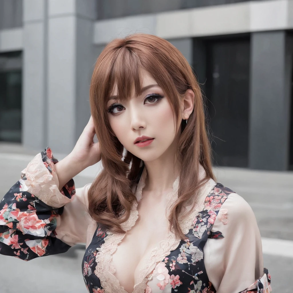 Garota japonesa vestindo roupas Gyaru, longos cabelos pretos, Buildings in sight, cuteexpression