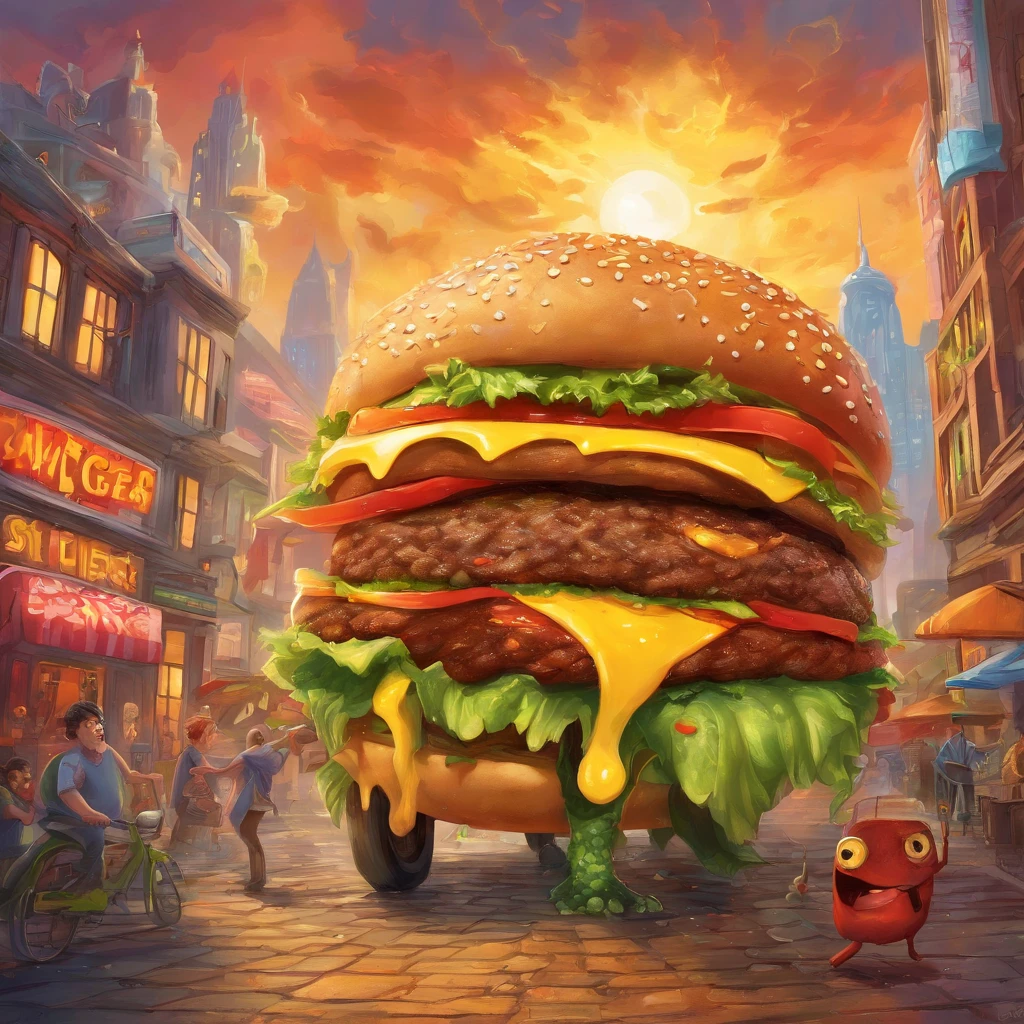 (monstrous hamburger buildings, hamburger monster wreaking havoc in the human city), oil painting, vibrant colors, realistic lighting, high-res, ultra-detailed, vivid cityscape, towering burger-shaped skyscrapers, burger-themed landmarks, chaotic scene, frightened people running in the streets, horrified expressions, crumbling buildings, ketchup and mustard colored clouds, pickles and lettuce cascading from the sky, sesame seed rain, mayo and cheese tornadoes, monstrous burger claws destroying cars, mayhem and destruction, excessive toppings and cheese melting on the streets, a giant burger monster with monstrous lettuce tentacles and tomato eyes, mouthwatering aroma filling the air, burger-loving citizens trying to find shelter, the city turned into a burger paradise, with fries as buildings, rivers of soda flowing through the streets, and burger patties as roads, an extraordinary fusion of fast food and urban architecture.