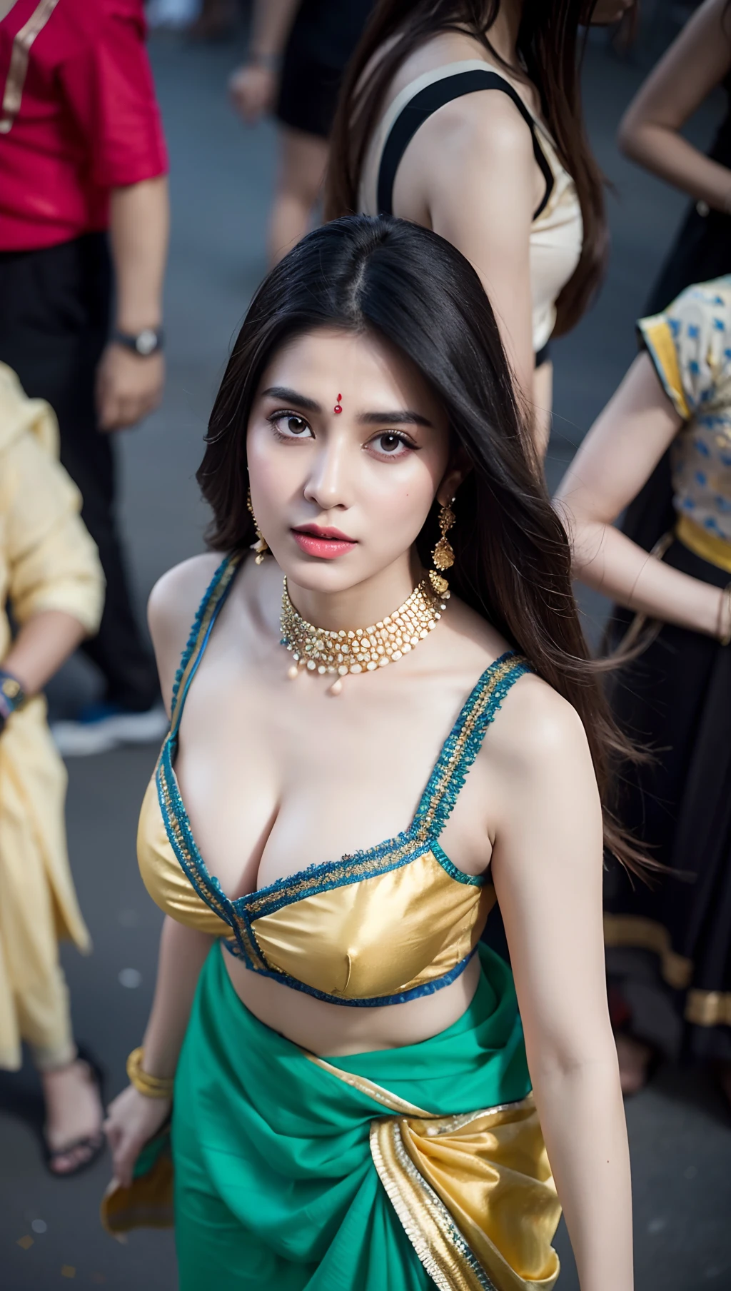 (Best quality, 8k, 32k, Masterpiece, UHD:1.2), (candid Photo:1.2) of Pretty pakistani woman, extremely pale skin,black long highlighted hair,beauty face,(playing garba:1.3), long hair, Candid photo,indian saree, in a (very crowded indian garba festival:1.2),large breasts,(beautiful nipple slip:0.9),outdoors,windy,shiny skin,blurry background, (shot from above:1.1), night, lights, very happening environment