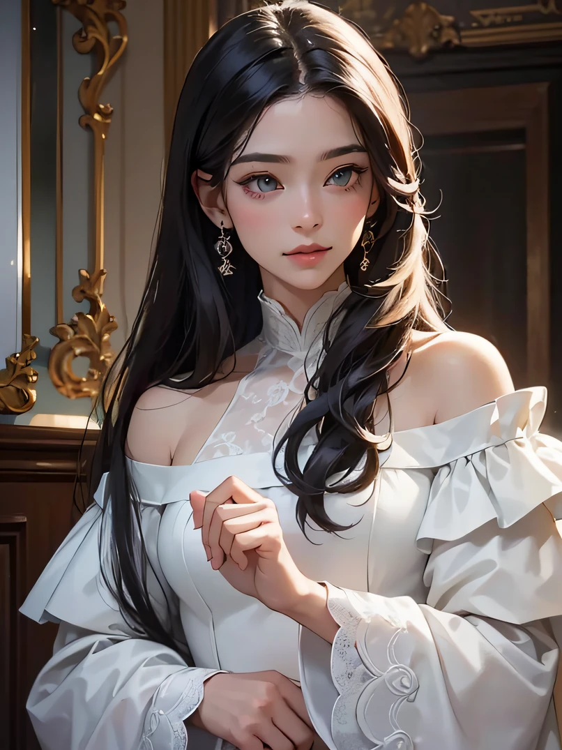 ((top-quality、masuter piece:1.3))、超A high resolution、(The best illustrations)、1 female、a beauty girl:1.3、4/5 shots、Straight hairstyle、A dark-haired、glistning skin、lightsmile、closes mouth、爆乳、Off-shoulder see-through white long dress、hyperdetailed face、A detailed eye、Detailed hand、watching at viewers、in a house、Luxurious rooms of the court、Highly detailed facial and skin texture、Focus on the face、A detailed eye、Detailed hand depiction