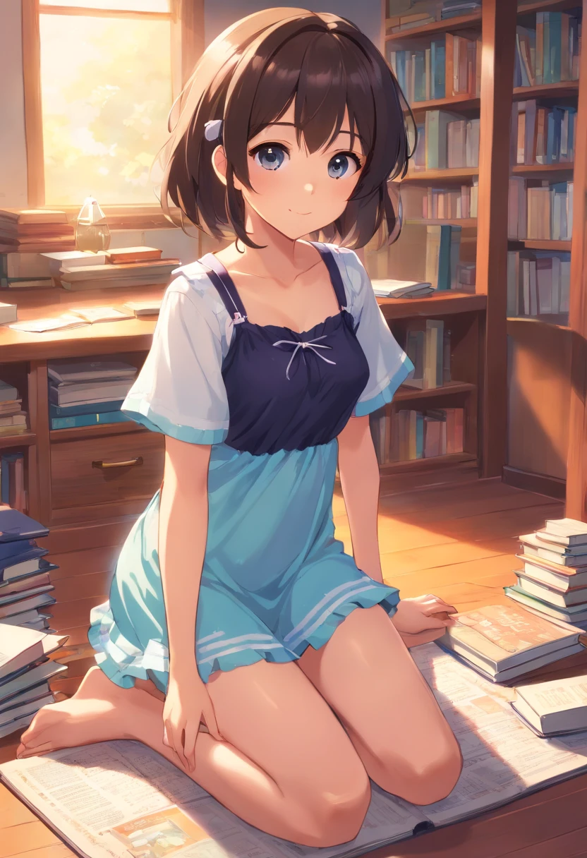 Cute loli,Barefoot,Tummy down,head looking up,Raise your feet,wet dress, black bra,white panties,largeeyes,Anime cute face,looking at book,Wet da