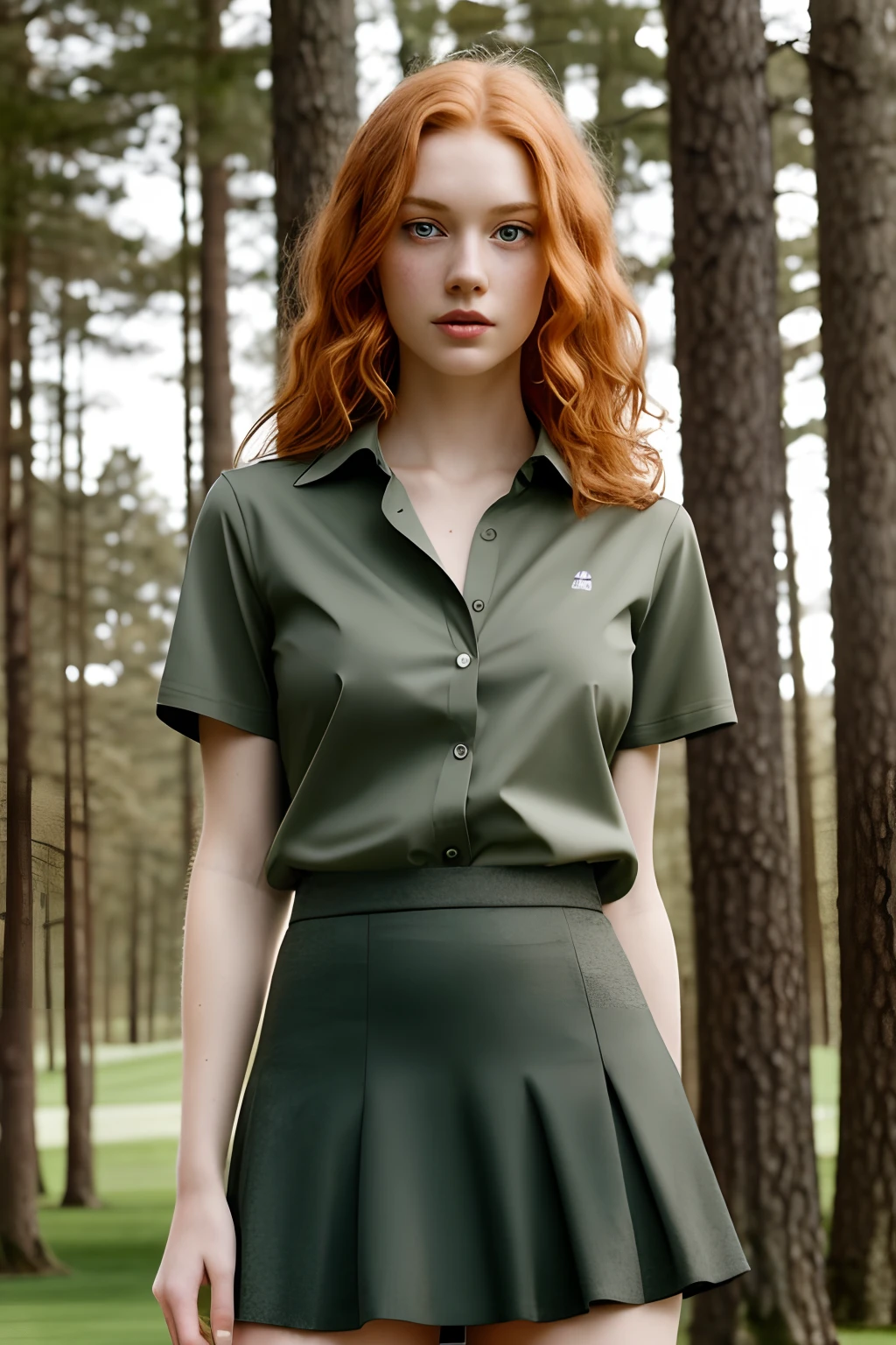 (()1girl in, age19, Solo, Aesthetic artwork, irish redhead, wavy ginger hair, shoulder length ginger hair, gray eyes, light grey eyes, some small freckles, pale skin, A-cup, small breasts, runners body, (textured skin, skin pores:1.1), (moles:0.8), imperfect skin, goosebumps))), she is on a golf course, (wearing short skirt: 1.6), (super short skirt: 1.25), (black skirt:1.3), wearing low cut golf shirt, (forest green shirt:1.3), revealing chest, pokies, nipple outline, shirt button undone, (extremely detailed 8k wallpaper), front lighting, high quality, film grain, Fujifilm XT3 sharp focus, f 5.6, 50mm, High Detail, Sharp focus, (natural light), (seductive), Realistic, ultra realistic, photo realistic
