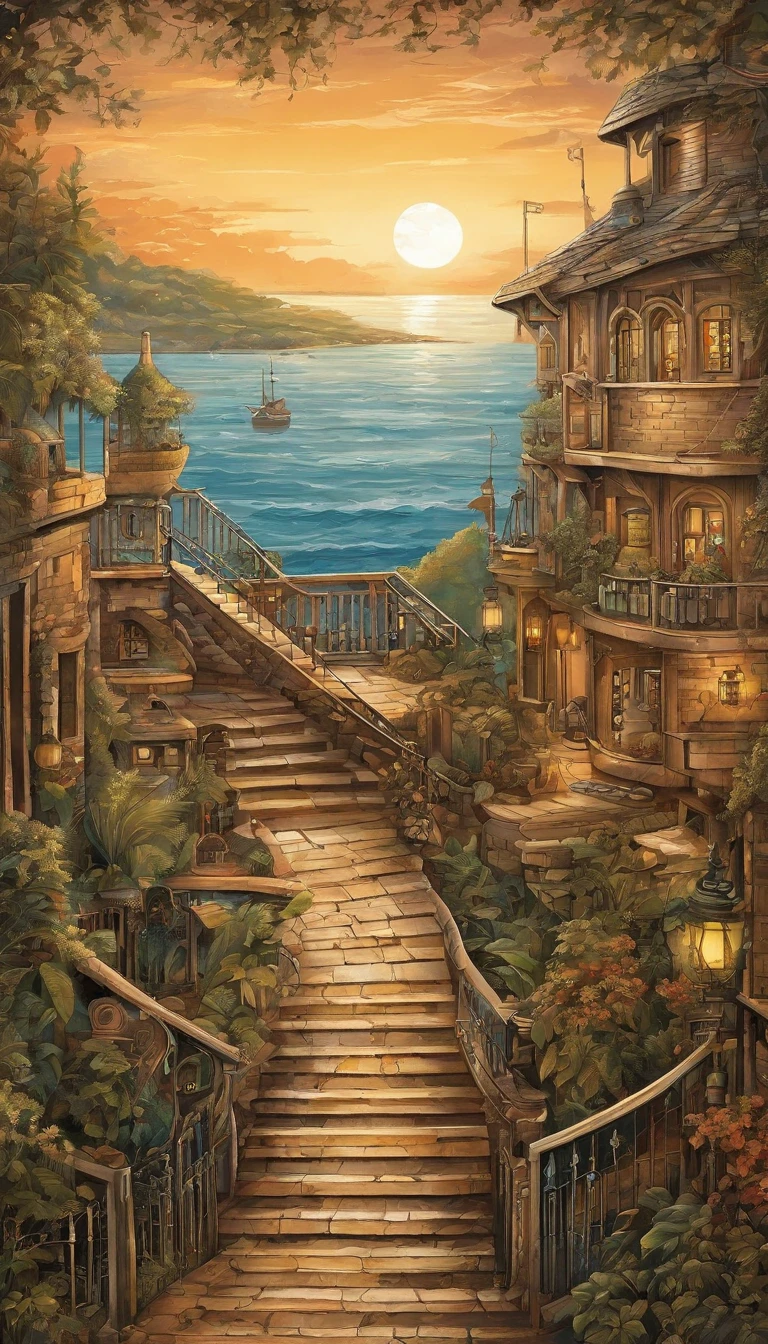 A painting of a staircase leading to a house with a sea view, beautiful anime scenery, Anime background art, Detailed scenery —width 672, beautiful anime scenes, Anime landscapes, anime beautiful peace scene, Summer street near the beach, anime backgrounds, Makoto Shinkai's style, Makoto Shinkai. High detail, Anime landscape concept art, landscape artwork