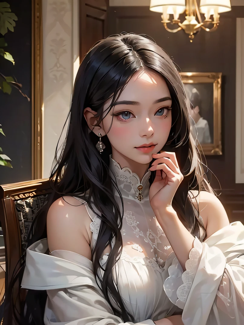 ((top-quality、masuter piece:1.3))、超A high resolution、(The best illustrations)、1 female、a beauty girl:1.3、4/5 shots、Straight hairstyle、A dark-haired、glistning skin、lightsmile、closes mouth、爆乳、Off-shoulder see-through white long dress、hyperdetailed face、A detailed eye、Detailed hand、watching at viewers、in a house、Luxurious rooms of the court、Highly detailed facial and skin texture、Focus on the face、A detailed eye、Detailed hand depiction