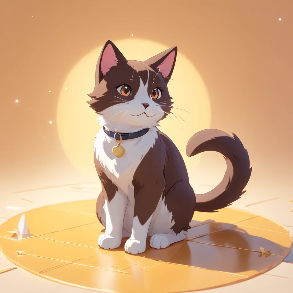 Little cute isometric cat emoji, Tuxedo jack, black and white cat, Furry and pretty, Kitten stretching paws on pastel gold background, soft and muted colors, 3d icon clay render, Spring 120mm, 3D blender rendering, trending on polycount, modular constructivism, Orange background, physically-based renderingt, centre