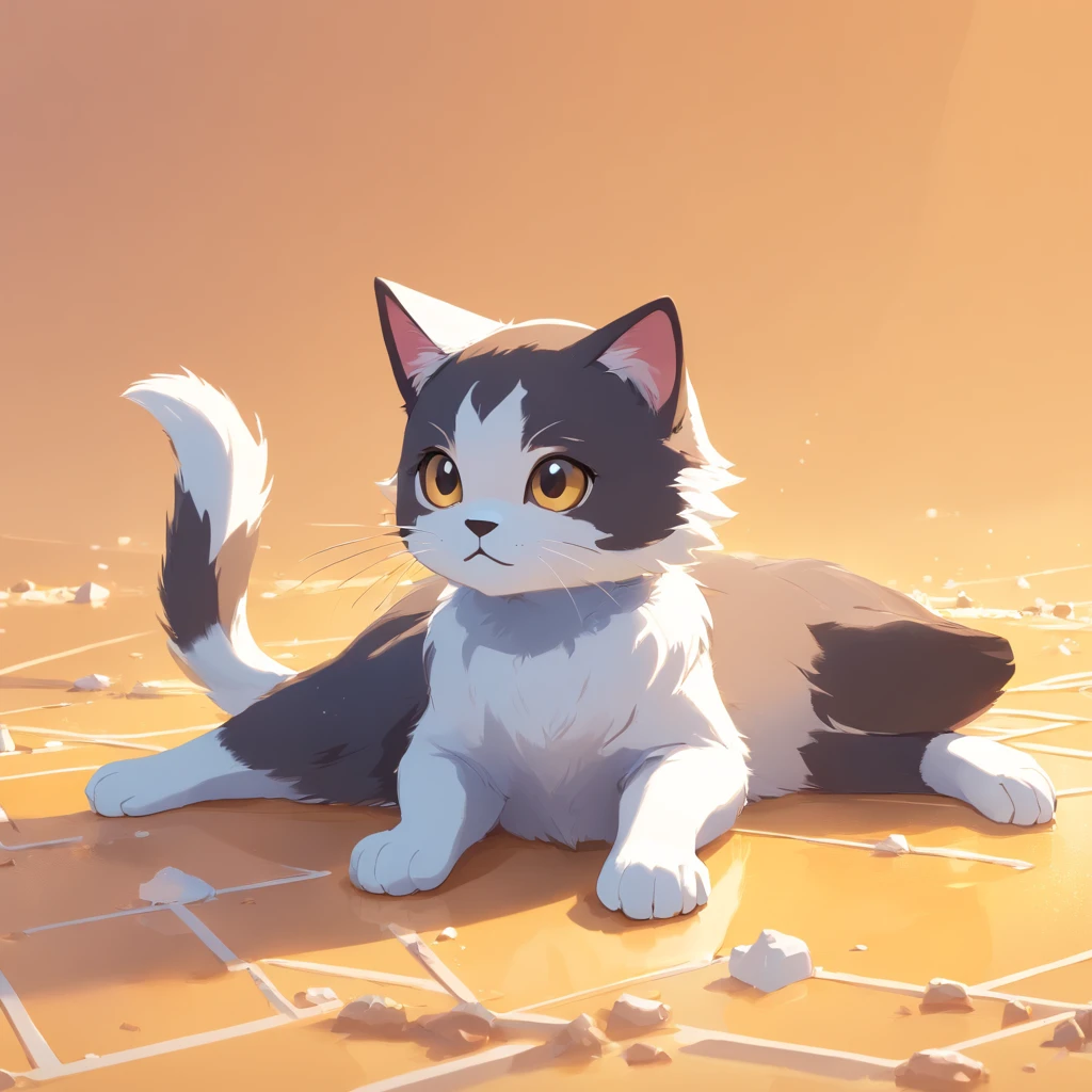 Little cute isometric cat emoji, Tuxedo jack, black and white cat, Furry and pretty, Kitten stretching paws on pastel gold background, soft and muted colors, 3d icon clay render, Spring 120mm, 3D blender rendering, trending on polycount, modular constructivism, Orange background, physically-based renderingt, centre
