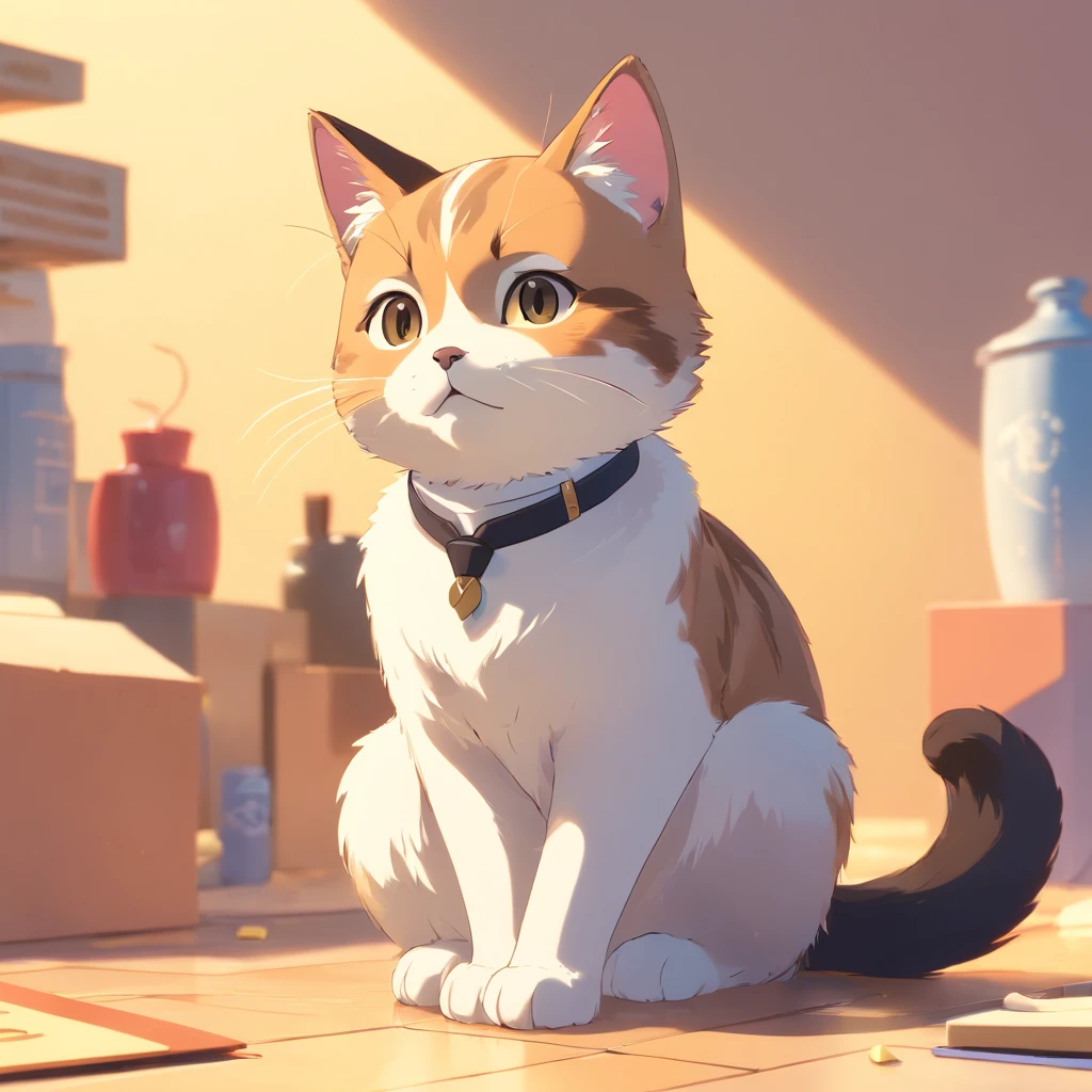 Little cute isometric cat emoji, Tuxedo jack, black and white cat, Furry and pretty, Kitten stretching paws on pastel gold background, soft and muted colors, 3d icon clay render, Spring 120mm, 3D blender rendering, trending on polycount, modular constructivism, Orange background, physically-based renderingt, centre