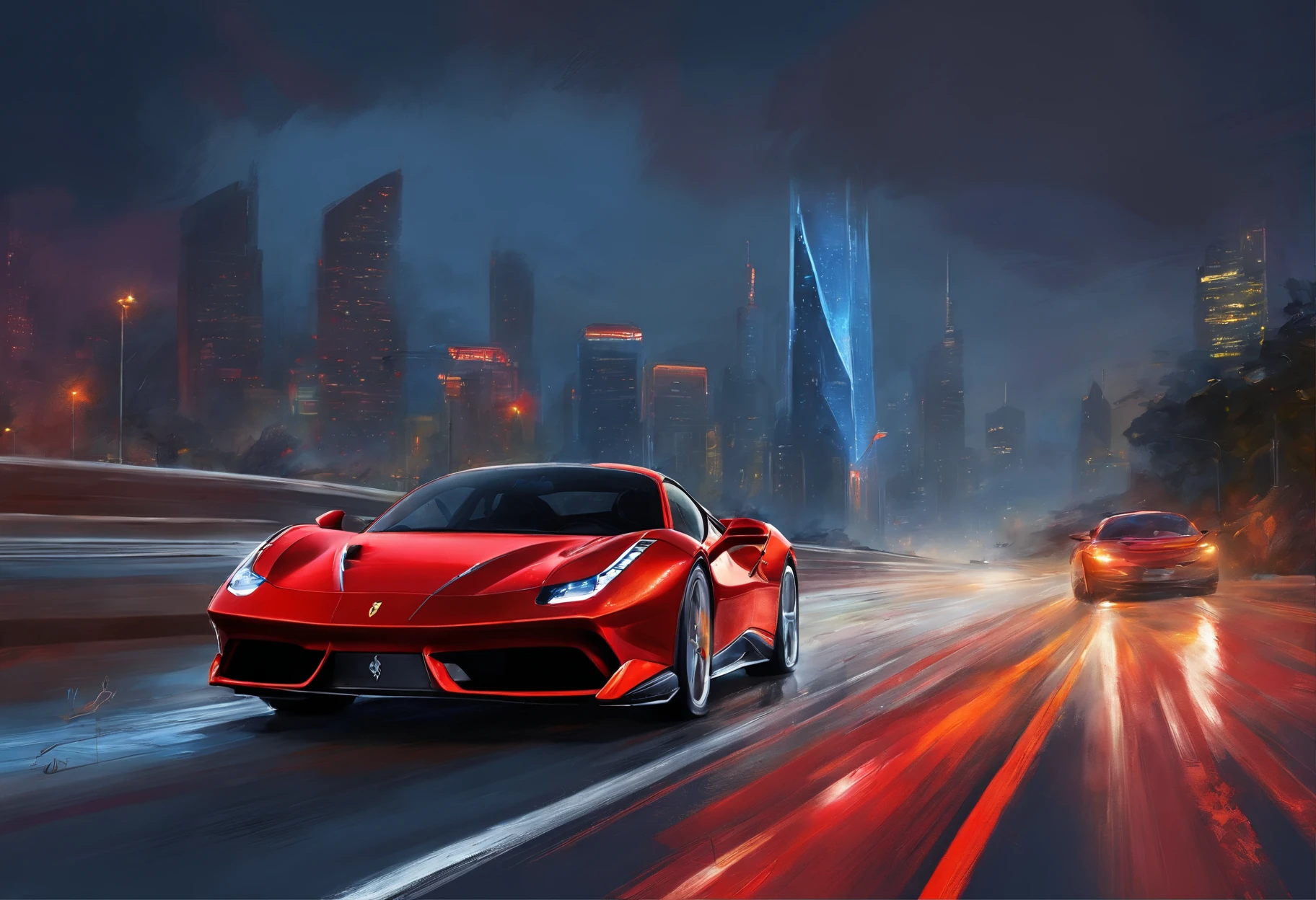 (Best quality, 8k, Masterpiece :1.2), hyper realistic, cyberpunk, at a mountain, an detailed red Ferrari 488, Speeding on the highway, (Facing the audience), The blue skyscraper in the background, at night,