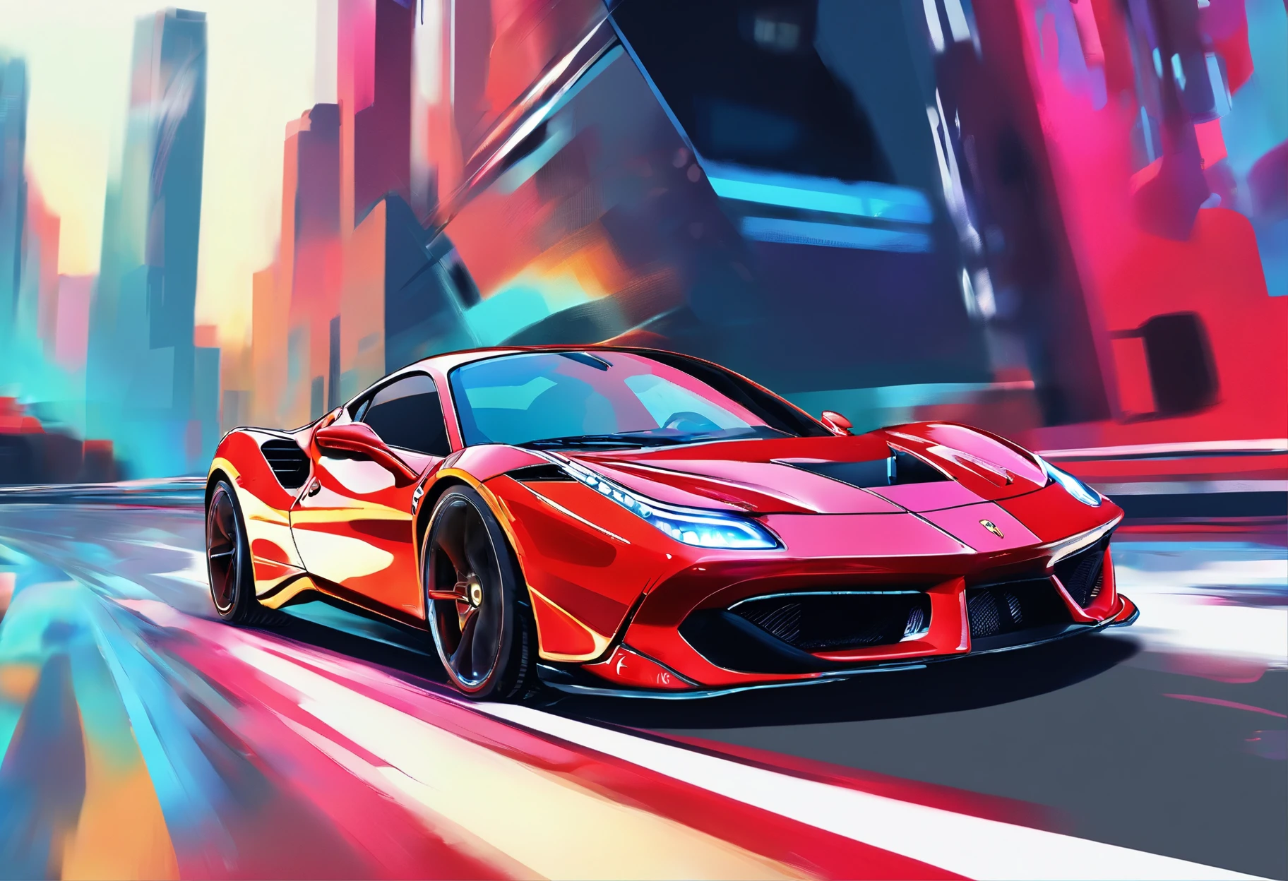 (Best quality, 8k, Masterpiece :1.2), hyper realistic, cyberpunk, at a mountain, an detailed red Ferrari 488, Speeding on the highway, (Facing the audience), The blue skyscraper in the background, at night,