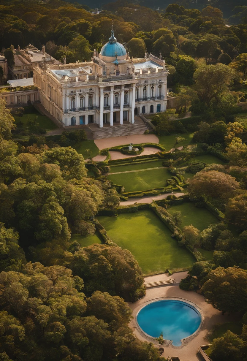 Imagine a palace located in Montevideo, the palace belongs to the royal family of a fictional South American Empire that endures to the present day. aerial image.