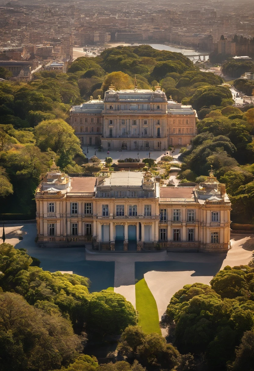 Imagine a palace located in Montevideo, the palace belongs to the royal family of a fictional South American Empire that endures to the present day. aerial image.