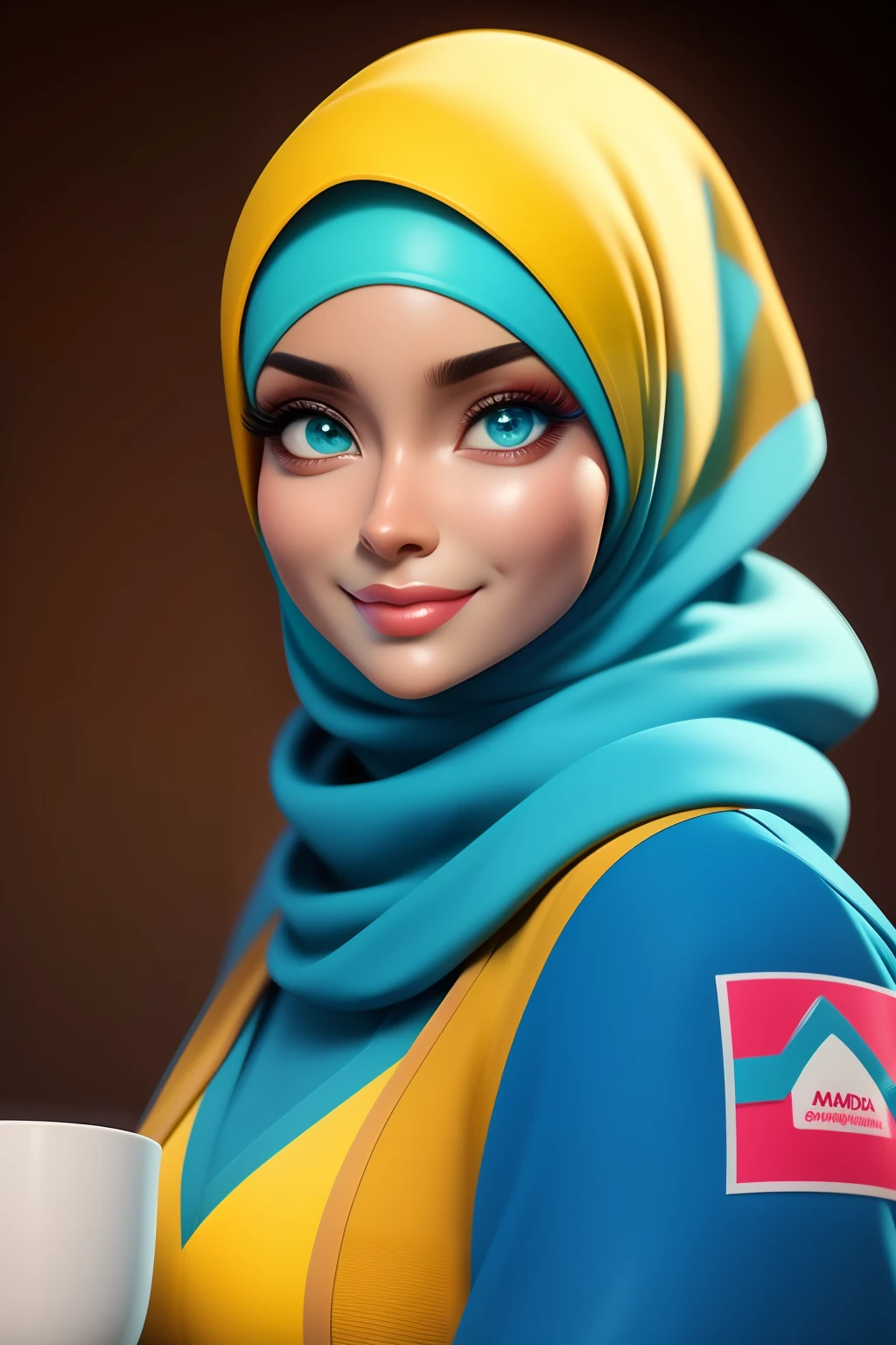 obra-prima, melhor qualidade, trabalho de rending 3d, wearing hijab, estilo 3DMM, close-up, retrato, 3D, mulher 43 anos, pele morela, olhos castanhos, soft braces smile, 80 kg sobrepeso, veste blusa azul claro, manga comprida com volume, holding a mug of coffee, ao lado de uma mesa de estudos, na mesa uma agenda aberta, canetas, pencils. Cores Candy color, 50 years old.