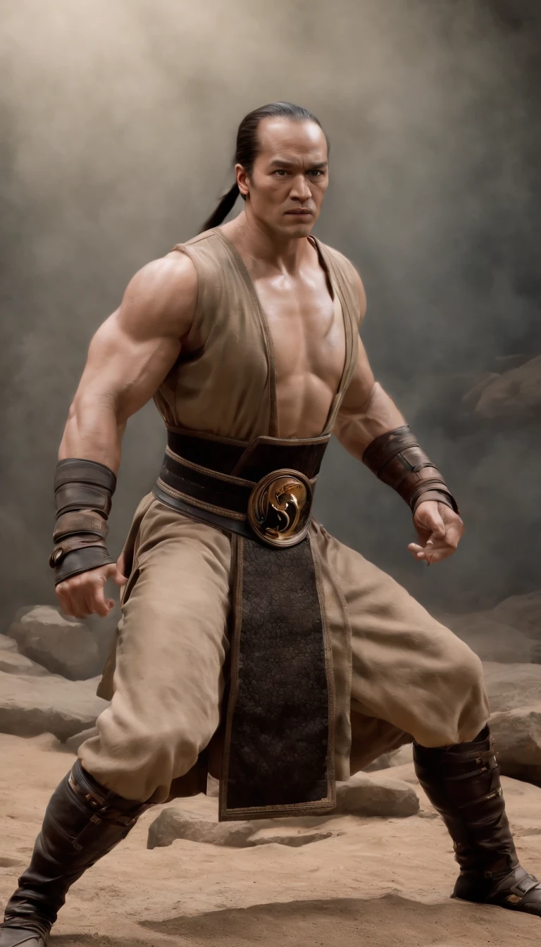 Shaolin monk hevy body at black cloud time. Realistic image.