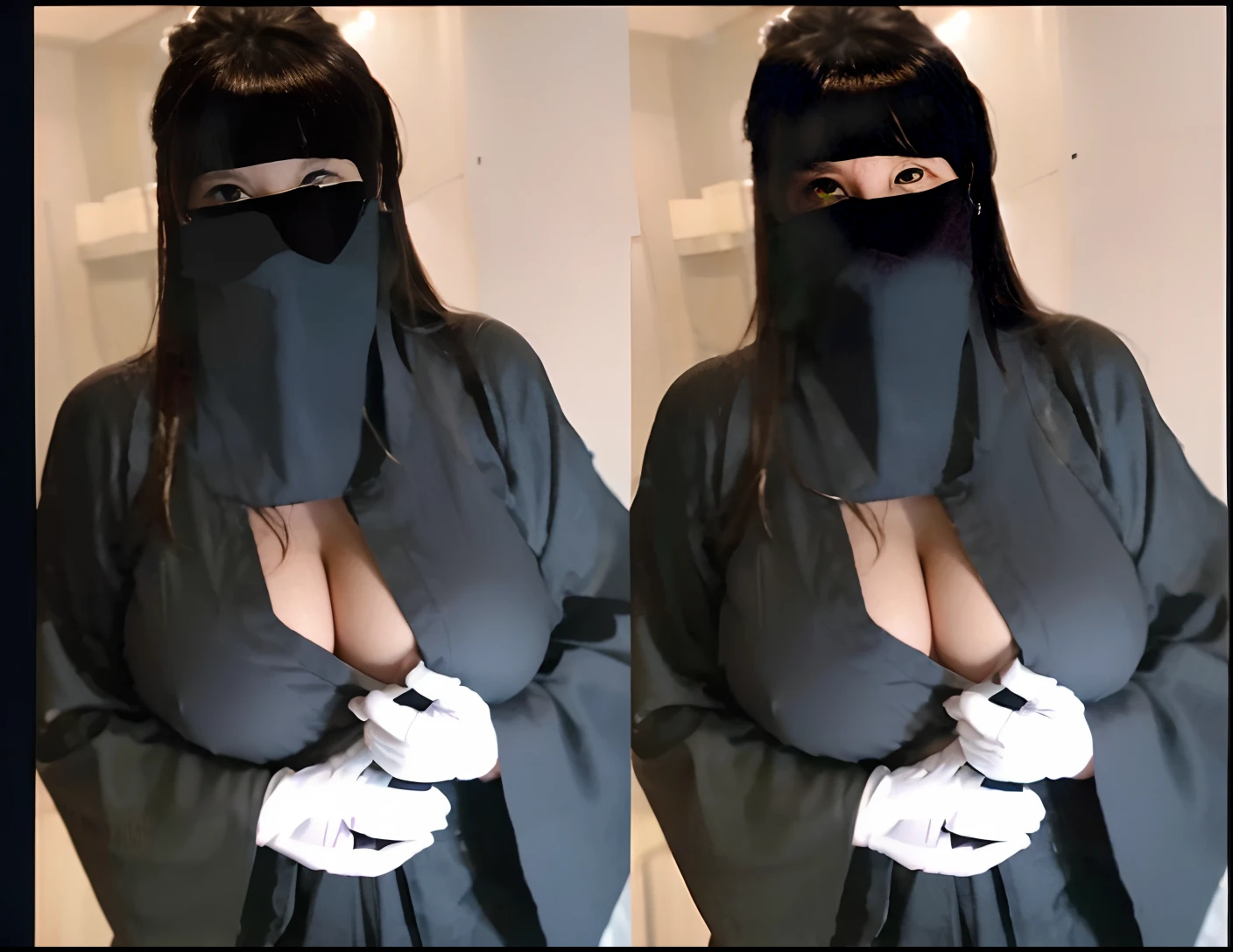 Female((30year old)), hair(( brown)), eyes((smart eyes, hazel)), clothes((kimono, white)), hair bun, earrings, gigantic boobs, bouquet, white long gloves, japanese house, lantern, Japanese ornament room,