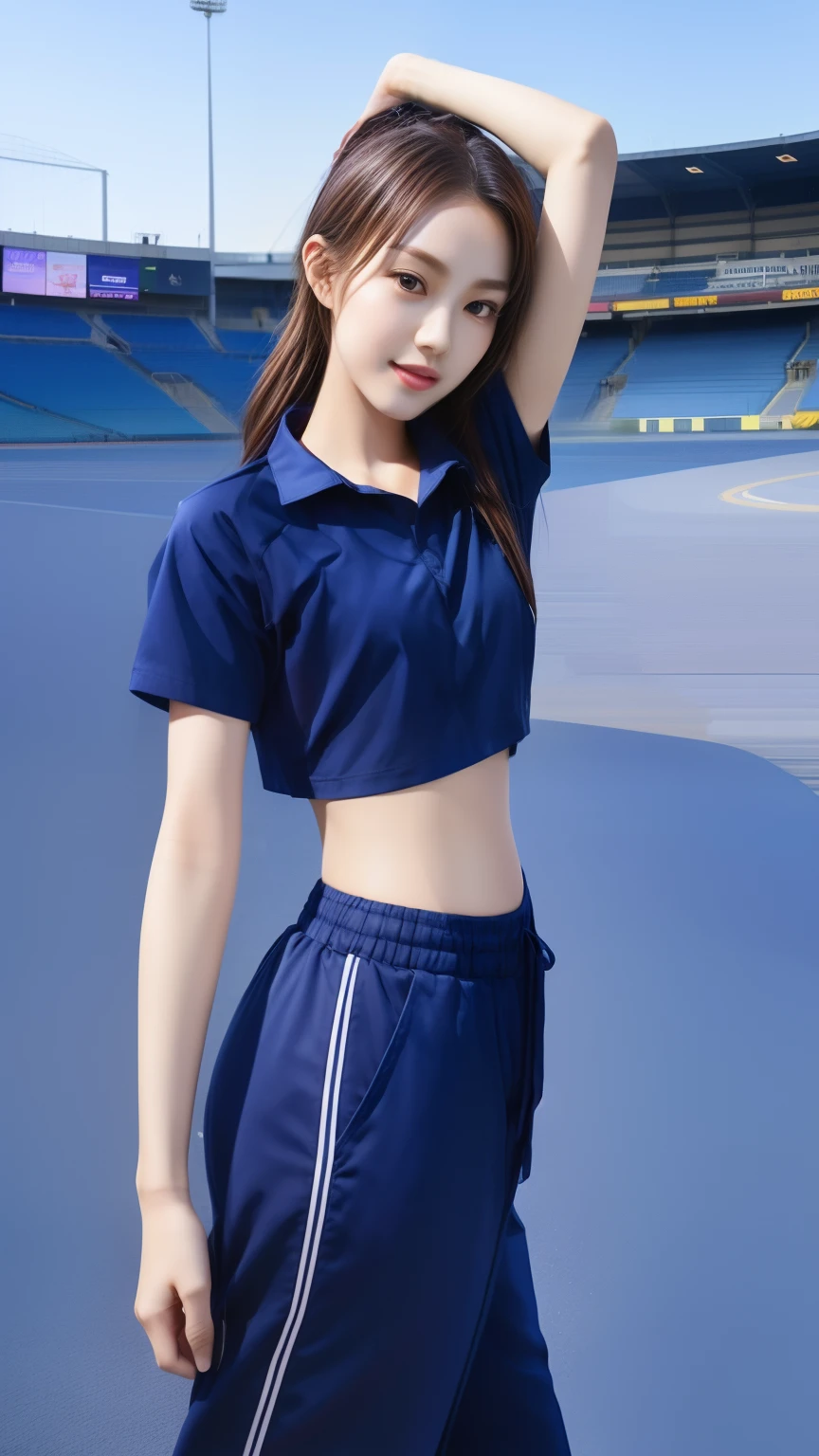 (bestquality,10,10,highres,masterpiece:1.2),ultra-detail,(Realistic,photorealistic portrait,photo-realistic:1.37),1 cute girl sitting on the football field,oily shiny skin,bara,light smile,BDclothes,((blue shirt:1.3)),short sleeves,shirt, trousers.,(navy_long_Pants Track:1.1), ((Stadium Background:1.3)),dynamic angle,excited,face focus,Dynamic Poses,from behide,Ass Focus,masterpiece, bestquality, ultra realistic, hyper-detail, 8k resolution, RAW photo, crisp focus, ((Navy blue shirt:1.1)), short sleeves, Long Path, Perfect body, 2 mature women, 18yo, cinematic light,Blue sweatpants,Gymware,Correct anatomy,Complete body, Correct body, sharp face, Anatomically correct body, full entire body, Realistic gestures, long-haired, Realistic poses,Wear long shorts.....................,Long leg span,Shapely,Sculpting Girl, Slender Figure, mannequin mannequins, Shapely, Beautiful body,Blue sweatpants,Seated