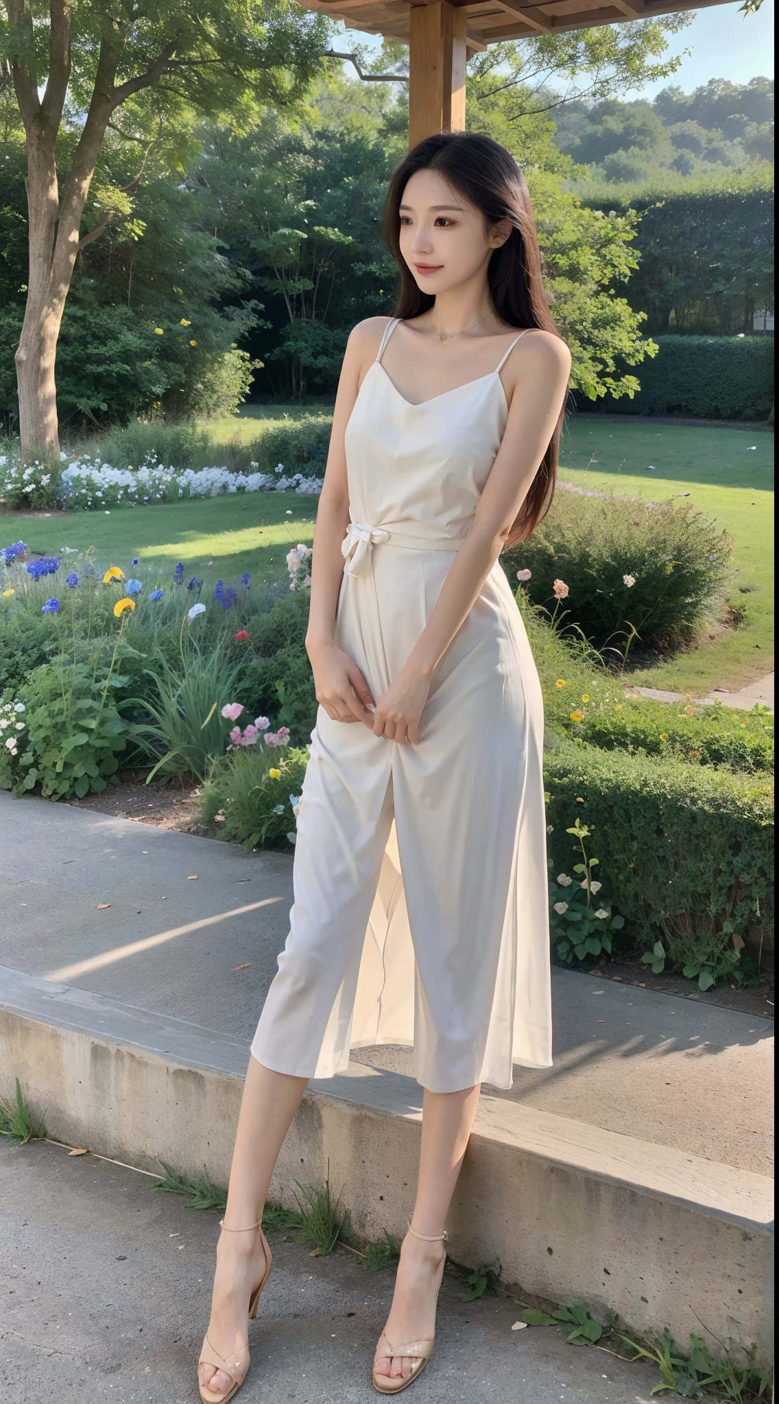 ,Masterpiece, Best quality,8K, 超高分辨率,Reallightandshadow,Cinema lenses,(beautidful eyes:1.1), ((Faraway view,The upper part of the body)),dynamicposes,On a green meadow,The gentle goddess came with gentle steps。She wore a white dress,A gentle breeze blows,The skirt dances lightly。The sun shone through the leaves in her hair,Reflecting her clear eyes and gentle smile。Colorful butterflies flutter around her,Flowers bloomed at her feet,It was as if nature was cheering for her。