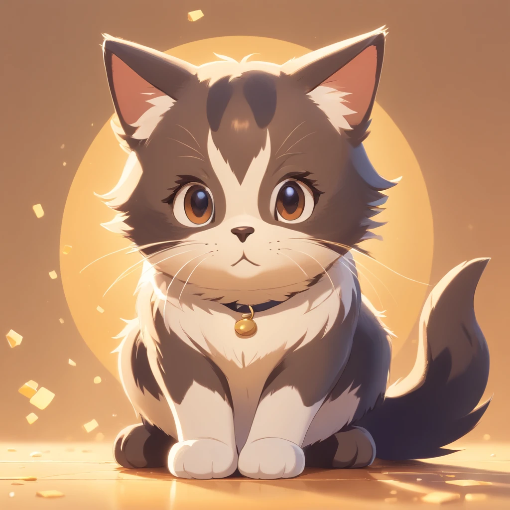 Little cute isometric cat emoji, Tuxedo jack, black and white cat, Furry and pretty, Pastel gold background, soft and muted colors, 3d icon clay render, Spring 120mm, 3D blender rendering, trending on polycount, modular constructivism, Orange background, physically-based renderingt, Center Kitten raises hand