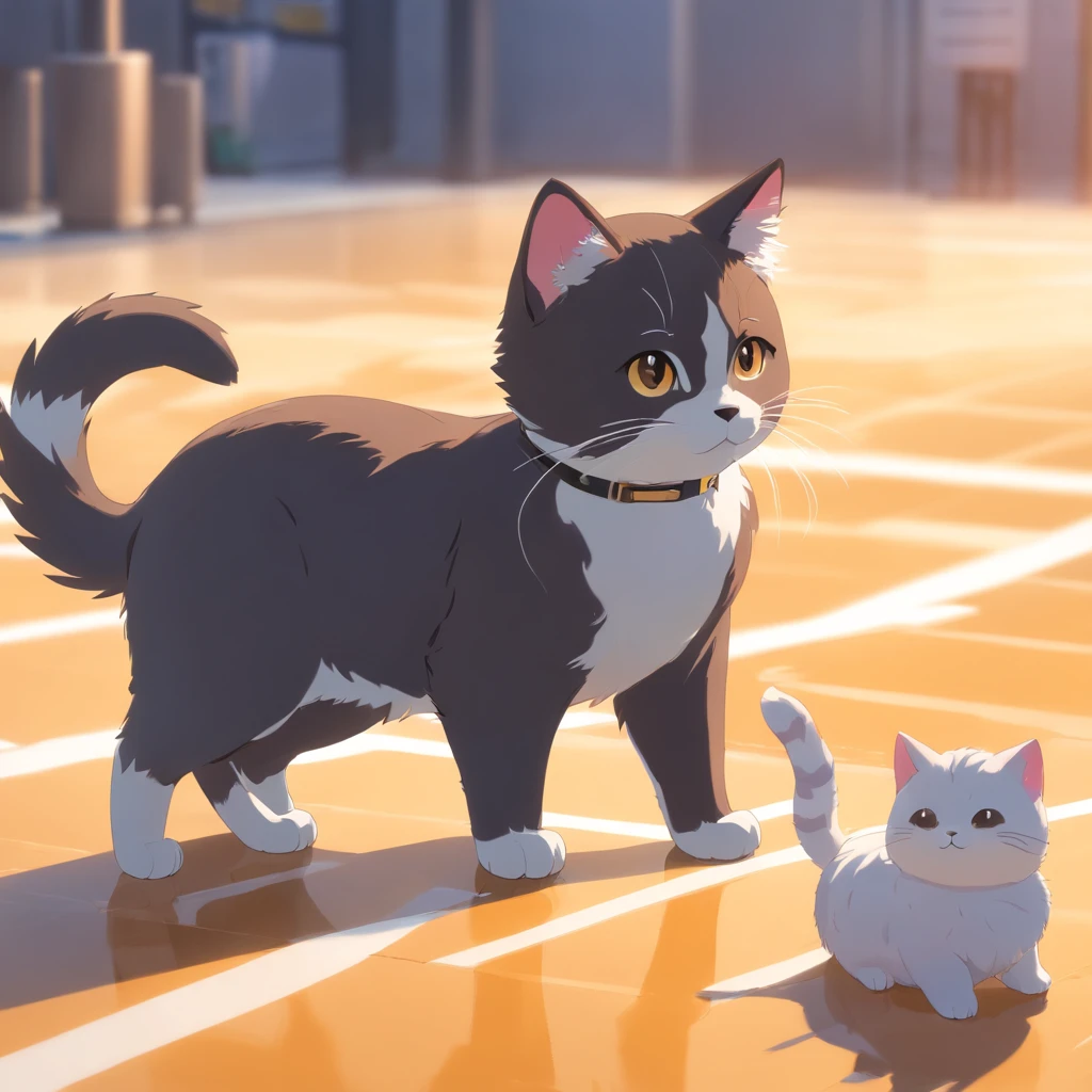Little cute isometric cat emoji, Tuxedo jack, black and white cat, Furry and pretty, Pastel gold background, soft and muted colors, 3d icon clay render, Spring 120mm, 3D blender rendering, trending on polycount, modular constructivism, Orange background, physically-based renderingt, Center Kitten raises hand