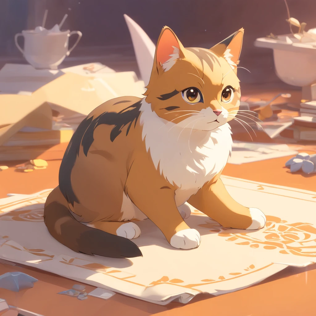 Little cute isometric cat emoji, Tuxedo jack, black and white cat, Furry and pretty, Pastel gold background, soft and muted colors, 3d icon clay render, Spring 120mm, 3D blender rendering, trending on polycount, modular constructivism, Orange background, physically-based renderingt, Center Kitten raises hand