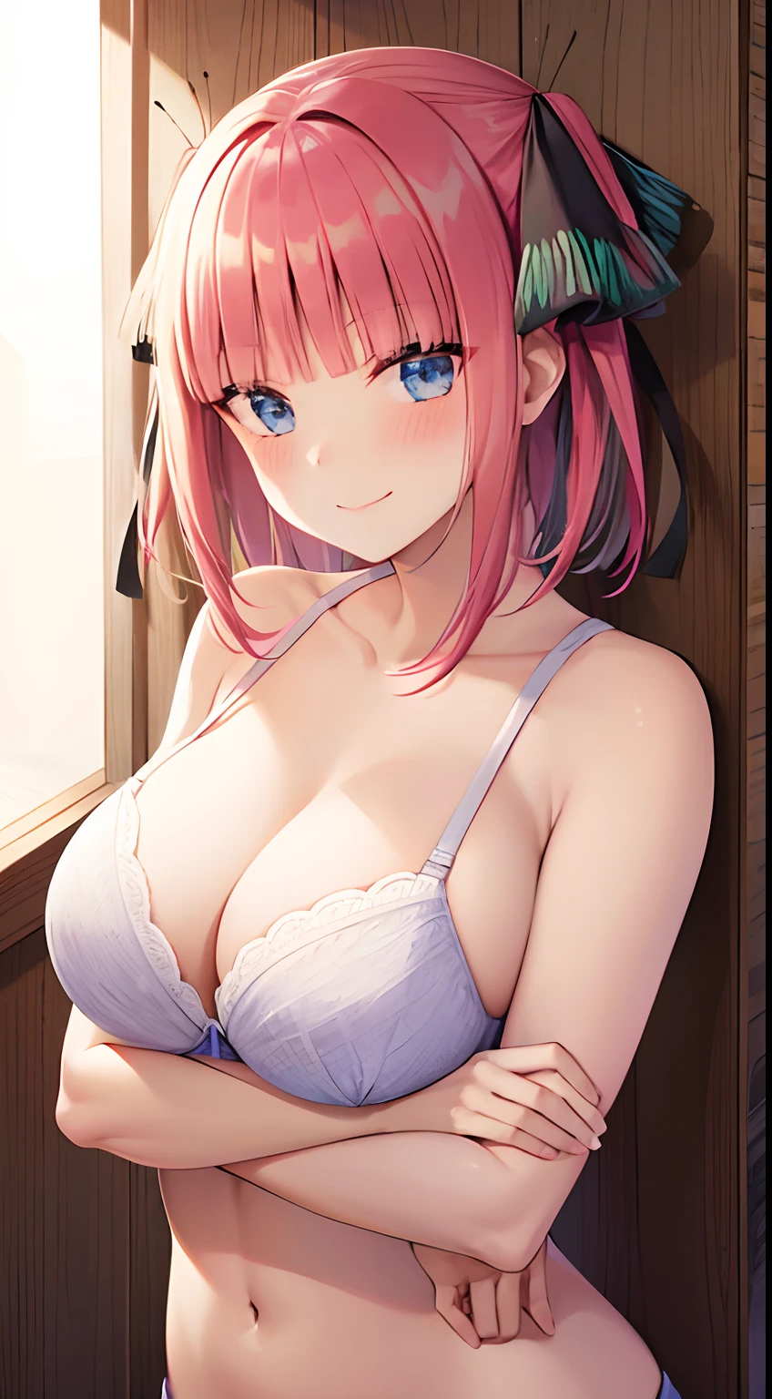 1 girl, hair tied back, big breasts, sexy body, wearing bra, smiling and blushing