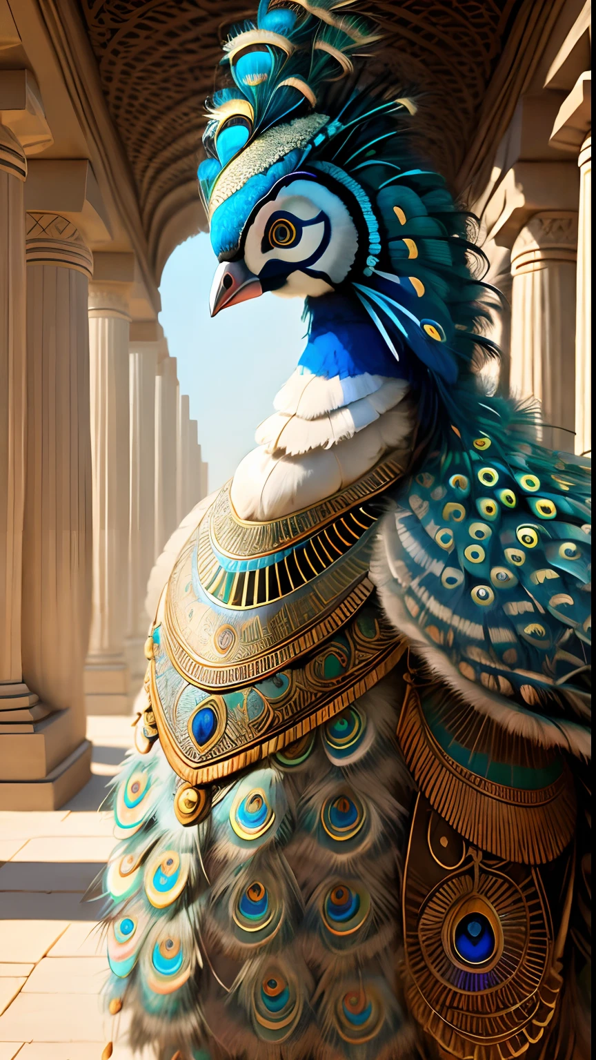 Animalrizz   (( peafowl )) 10, masterpiece, highres, Absurd,photorealistic portrait, Parley_armature,Egypt,Pyramids, Peacock Robot,In armor ,Wear Parley_armature, Massive futuristic armor, running, move,