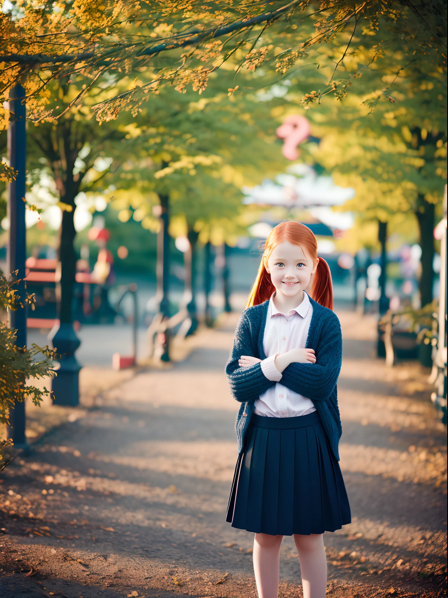 1girl, 9 years old, ginger hair, ponytail, cardigan, skirt, smile, Amusement Park, standing, bokeh, analog, depth of field, portra 800 film, high quality photograph