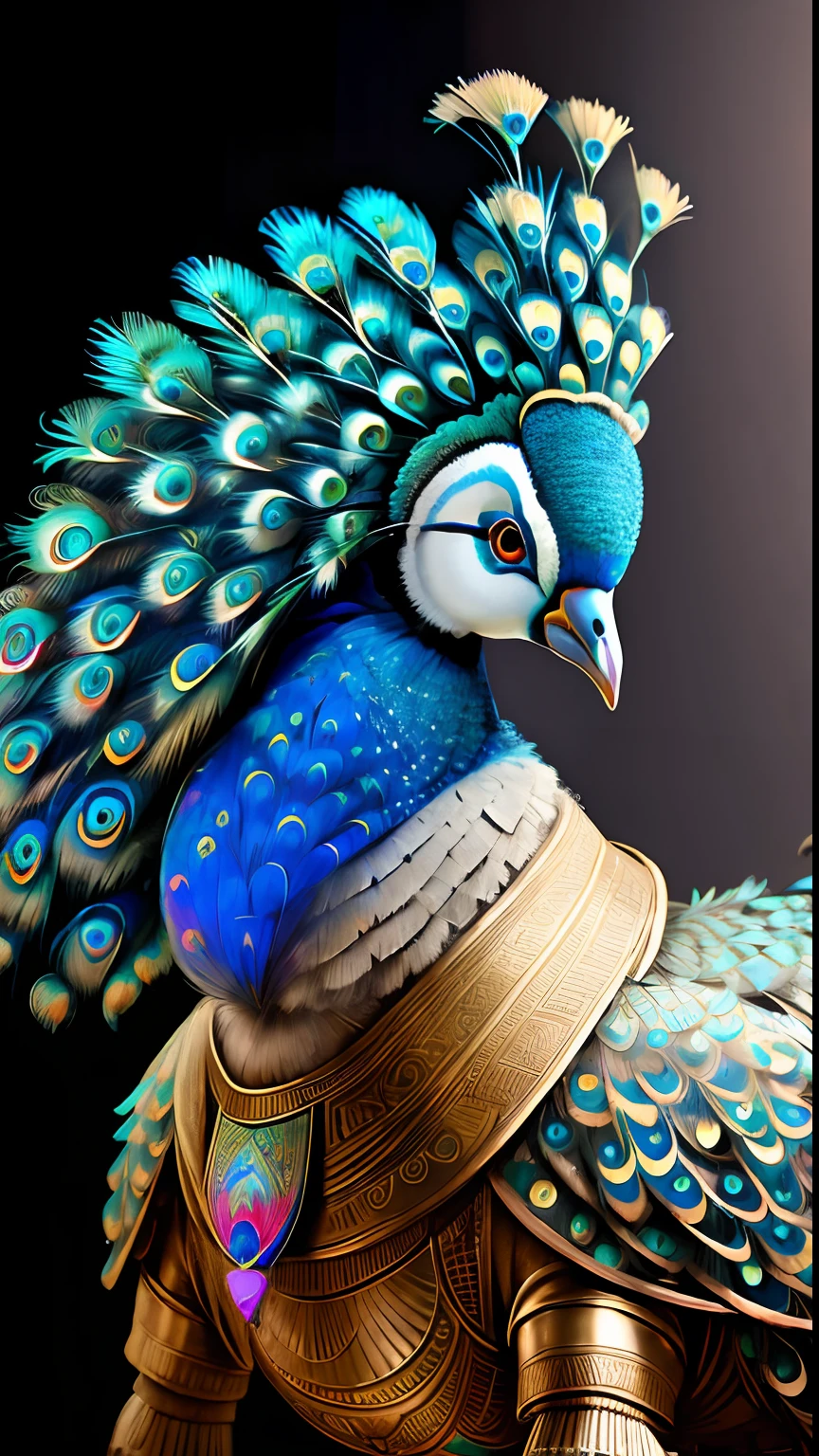 Animalrizz (( peafowl )) 10, masterpiece, highres, Absurd,photorealistic portrait, Parley_armature,Egypt,Pyramids, Peacock Robot,In armor ,Wear Parley_armature, Massive futuristic armor, running, move,