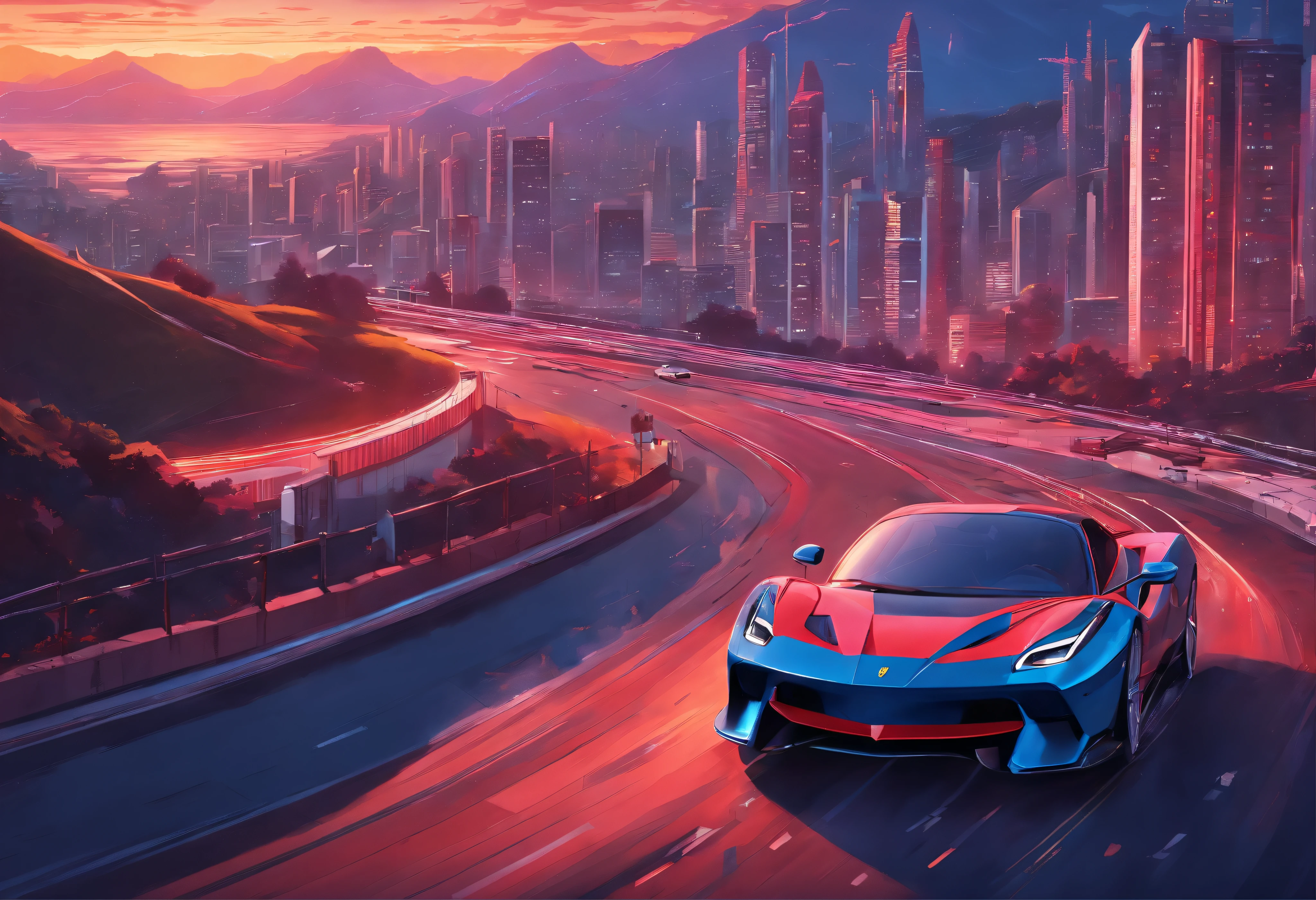 (Best quality, 8k, Masterpiece :1.2), hyper realistic, cyberpunk, at a mountain, an detailed red Ferrari 488, Speeding on the highway, (Facing the audience), The blue skyscraper in the background, at night,