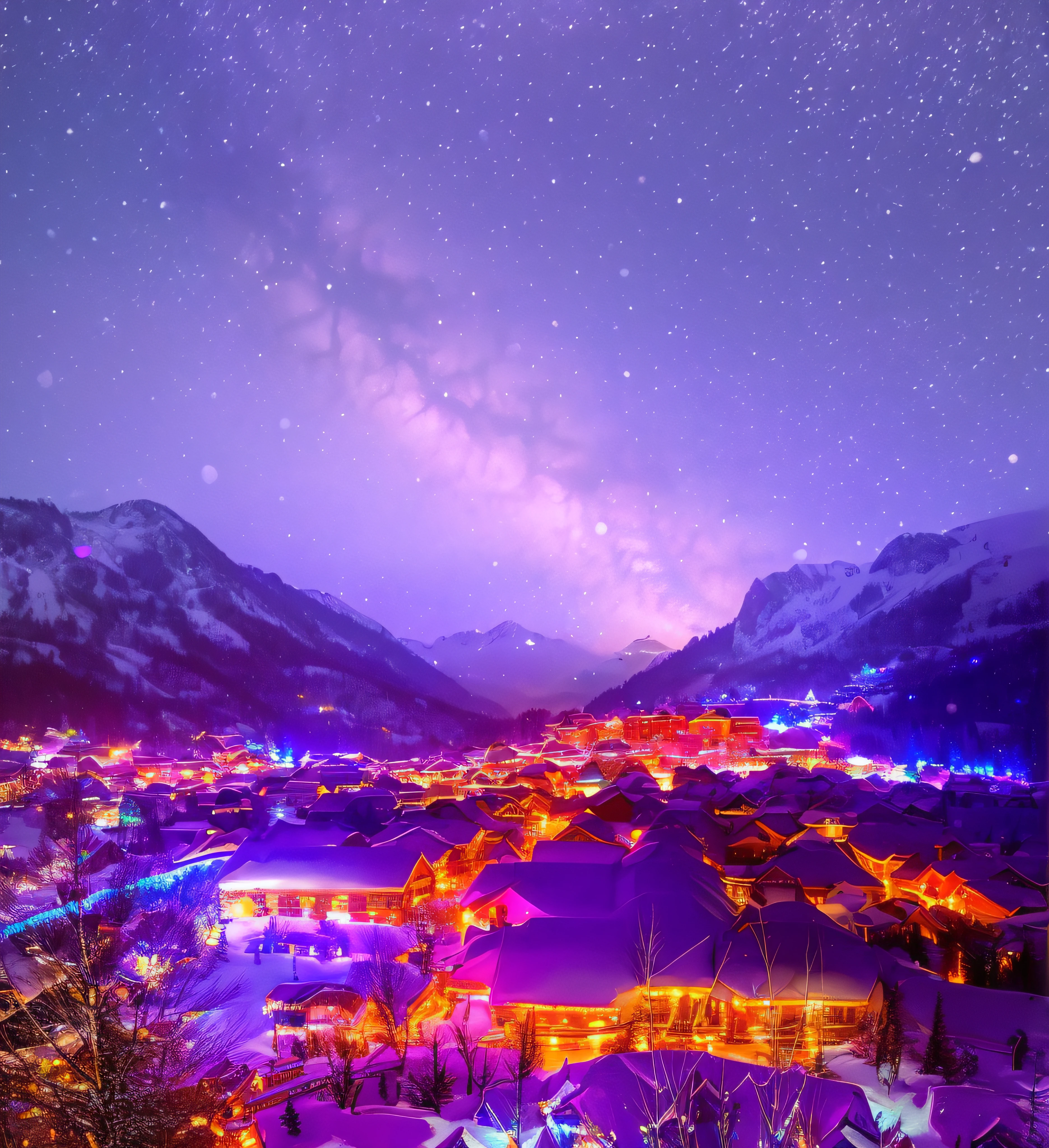 Starry night sky，The background is a mountain, Psychedelic ski resort, : Psychedelic ski resort, festivity. scenic view at night, ethereal starlit city at sunset, dreamy Chinese towns, snowy winter christmas night, Snow, magical village, nighttime scene, Winter nights, scenic view at night, snowy night, nightime village background, City, magical colors and atmosphere