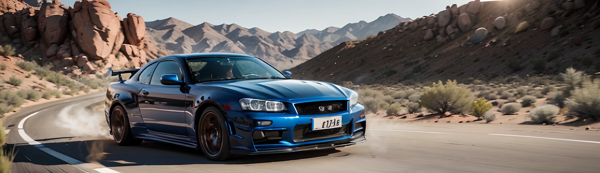 A blue sports car driving on a desert road, Kick up dust, automotive photography, Smoking tires, Desert landscape, automotive photography, environmental shot, Edited, Exercise, car shot, Commercial vehicle photos, Portrait shooting, auto photography, Smoke behind the wheels, Car photos, full view of a sport car, in the desert, advertising photograph，The sports car has a large viewing angle，The front of the car faces the screen，